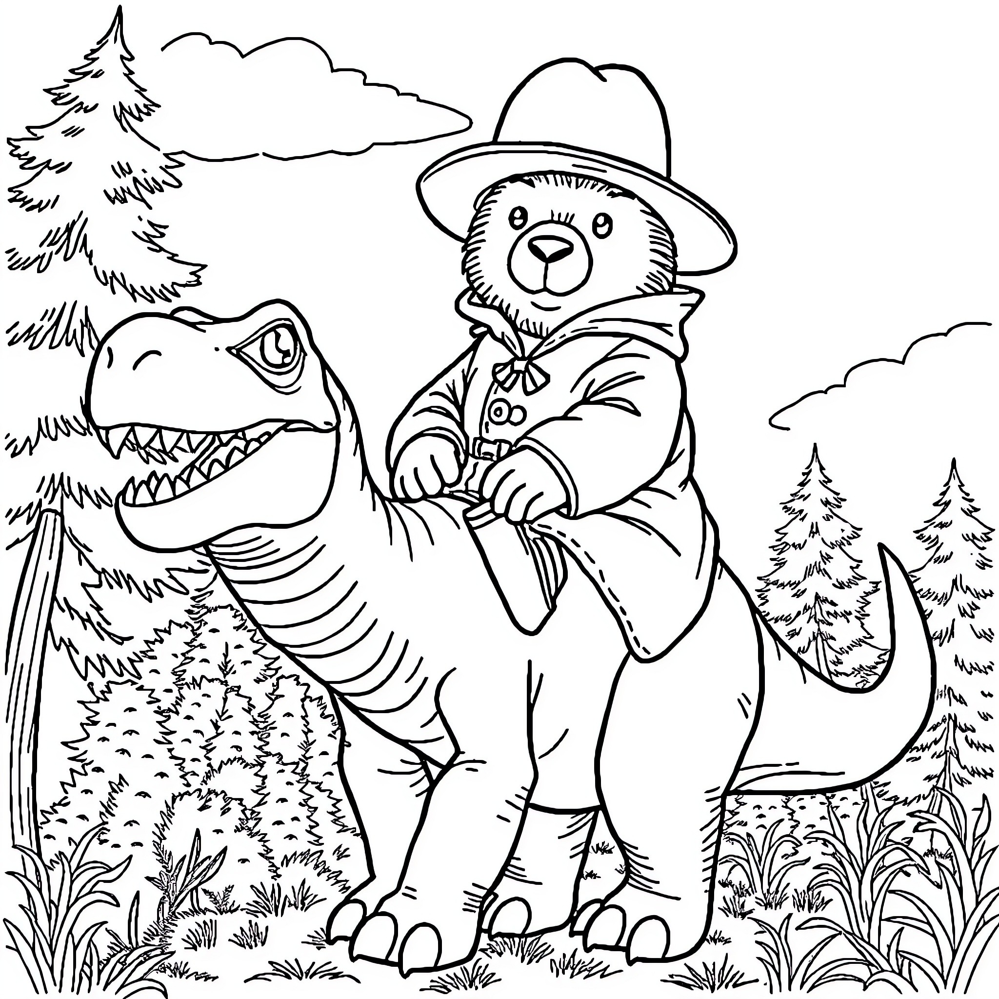 Paddington Bear on an adventure with a dinosaur Coloring Page (free black-and-white line drawing printable PDF for all, from beginners to advanced learners, including children, teens, adults, and seniors)