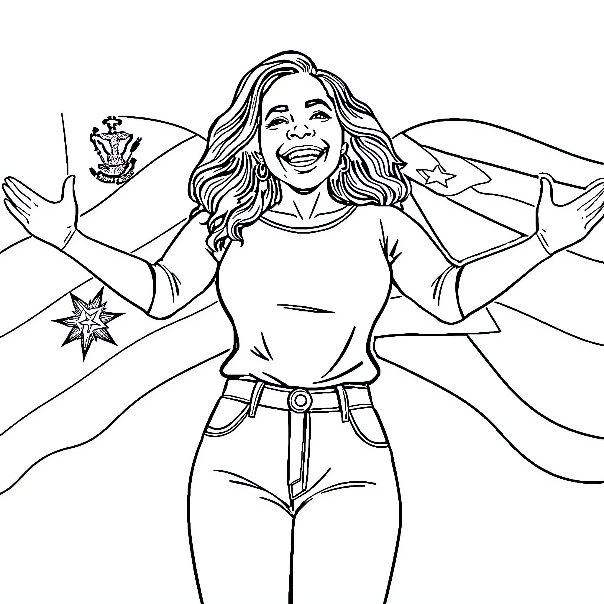 Woman celebrating with outstretched arms and joyful expression Coloring Page (free black-and-white line drawing printable PDF for all, from beginners to advanced learners, including children, teens, adults, and seniors)