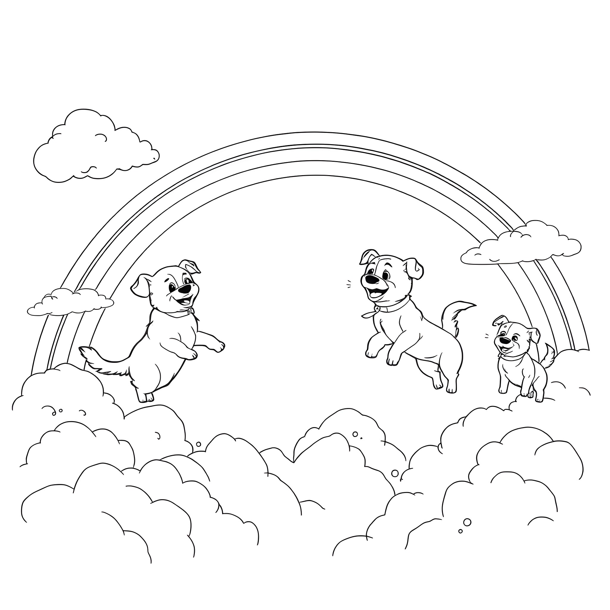 Dogs playing happily in the sky with rainbows Coloring Page (free black-and-white line drawing printable PDF for all, from beginners to advanced learners, including children, teens, adults, and seniors)