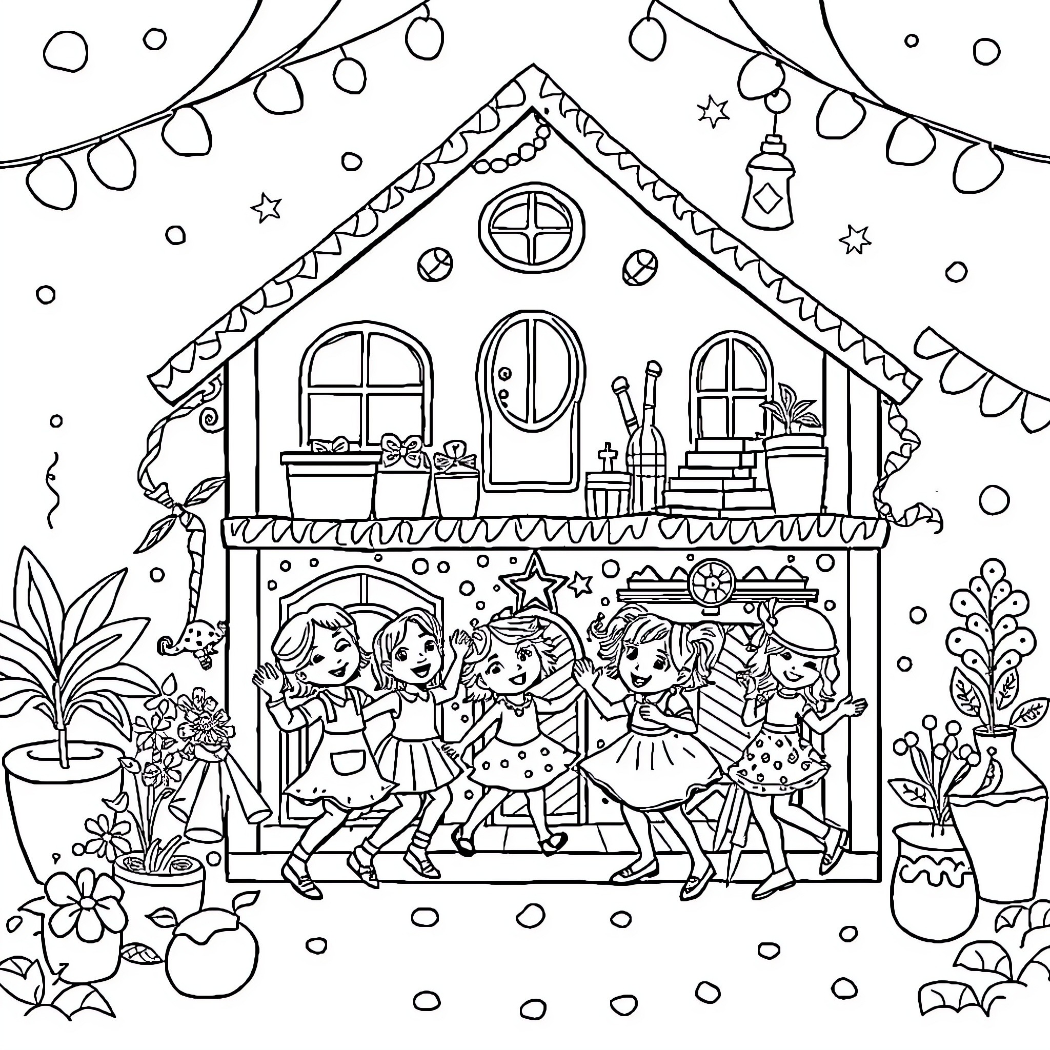 Gabby's Dollhouse - Gabbies and friends dancing in a festive house Coloring Page (free black-and-white line drawing printable PDF for all, from beginners to advanced learners, including children, teens, adults, and seniors)