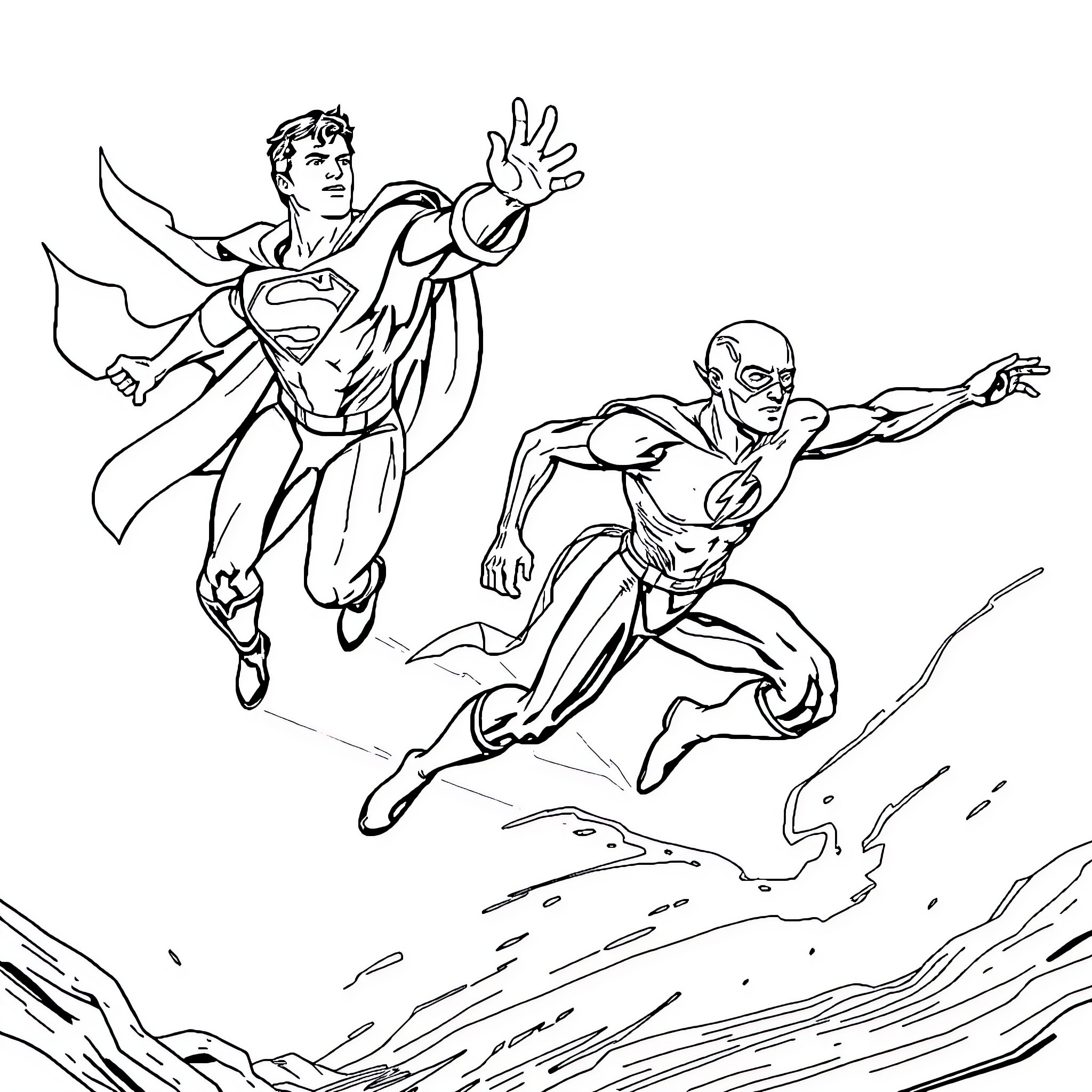 Superman Races Flash in Epic Superhero Showdown Coloring Page (free black-and-white line drawing printable PDF for all, from beginners to advanced learners, including children, teens, adults, and seniors)