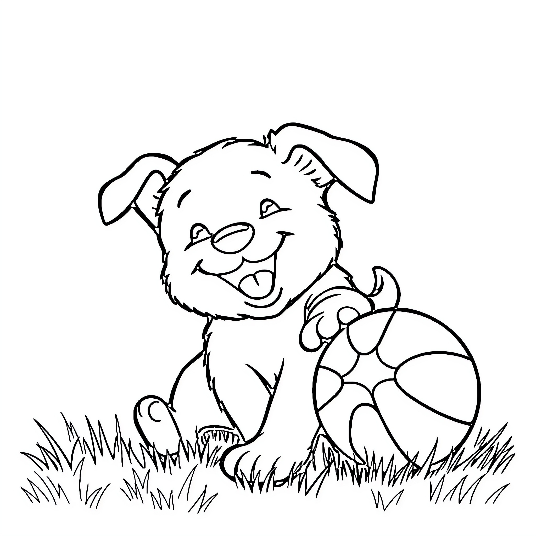 Puppy playing happily with a ball in the grass Coloring Page (free black-and-white line drawing printable PDF for all, from beginners to advanced learners, including children, teens, adults, and seniors)