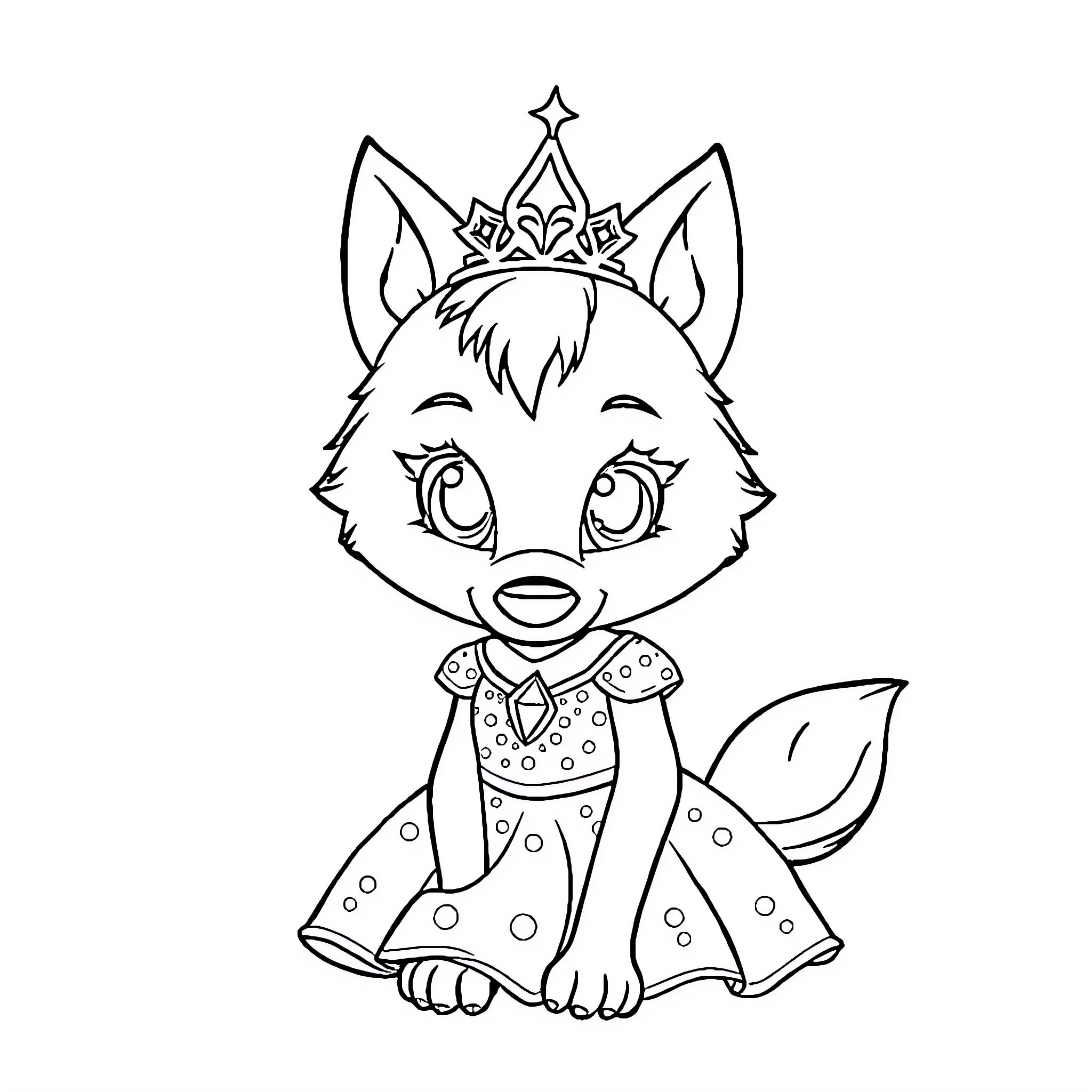 Wolf in royal attire with a crown Coloring Page (free black-and-white line drawing printable PDF for all, from beginners to advanced learners, including children, teens, adults, and seniors)