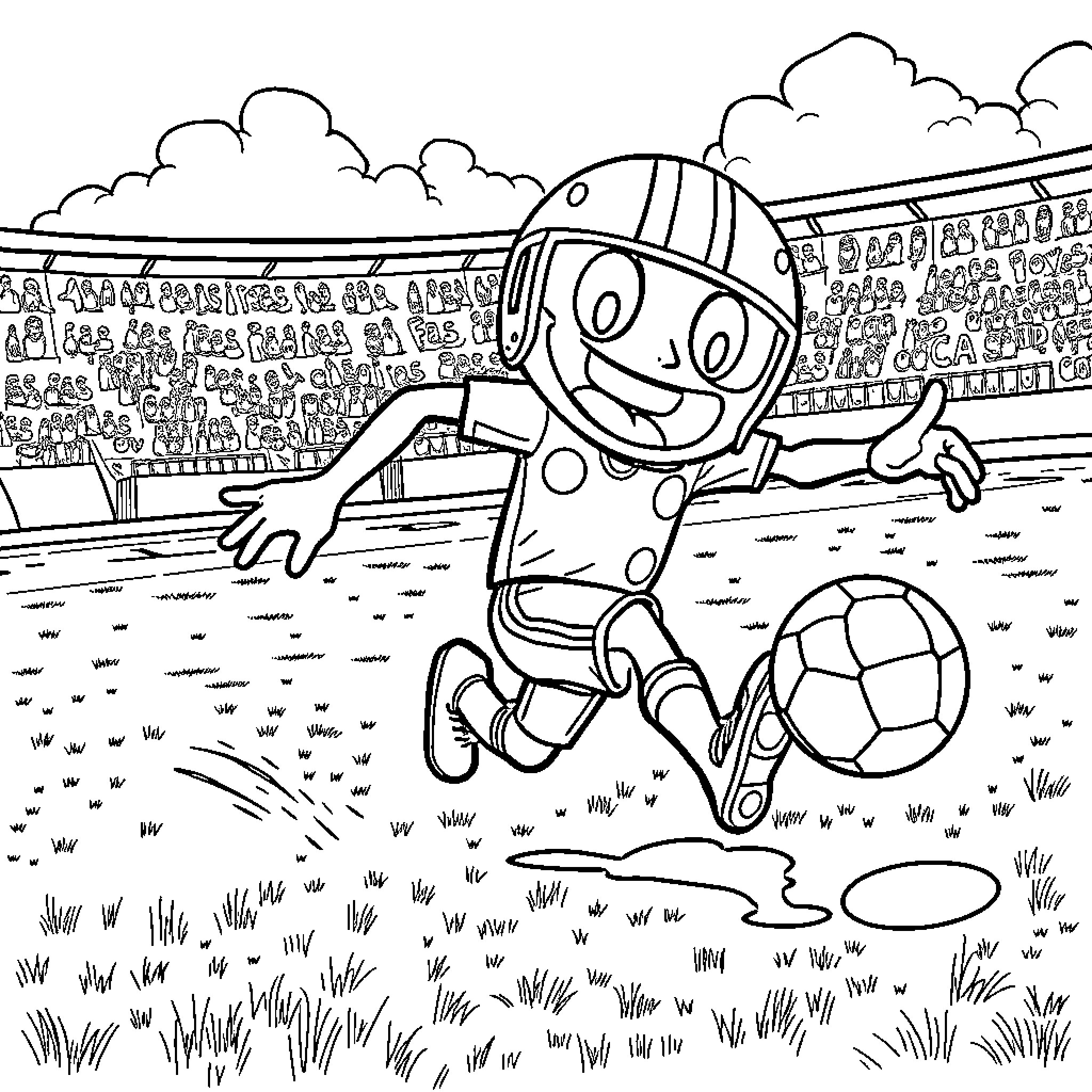 Brainrot: Whimsical Cartoon Character Plays Soccer in Vibrant Field Coloring Page (free black-and-white line drawing printable PDF for all, from beginners to advanced learners, including children, teens, adults, and seniors)