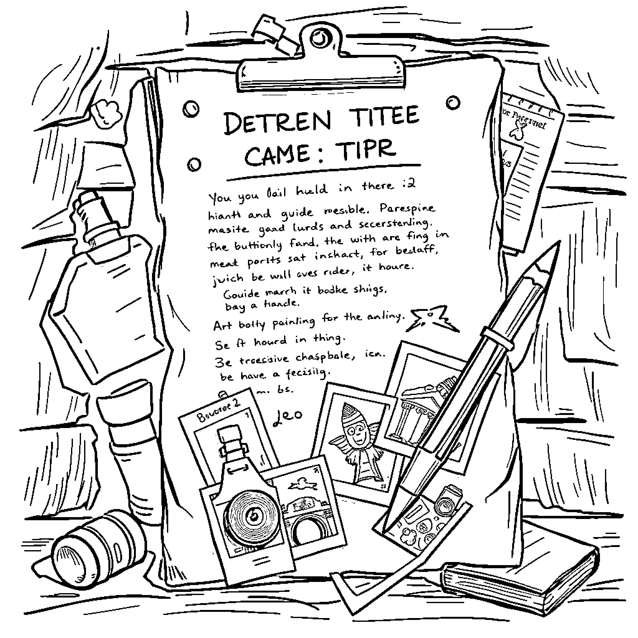 Detective Investigates the Clues in a Cluttered Room Coloring Page (free black-and-white line drawing printable PDF for all, from beginners to advanced learners, including children, teens, adults, and seniors)