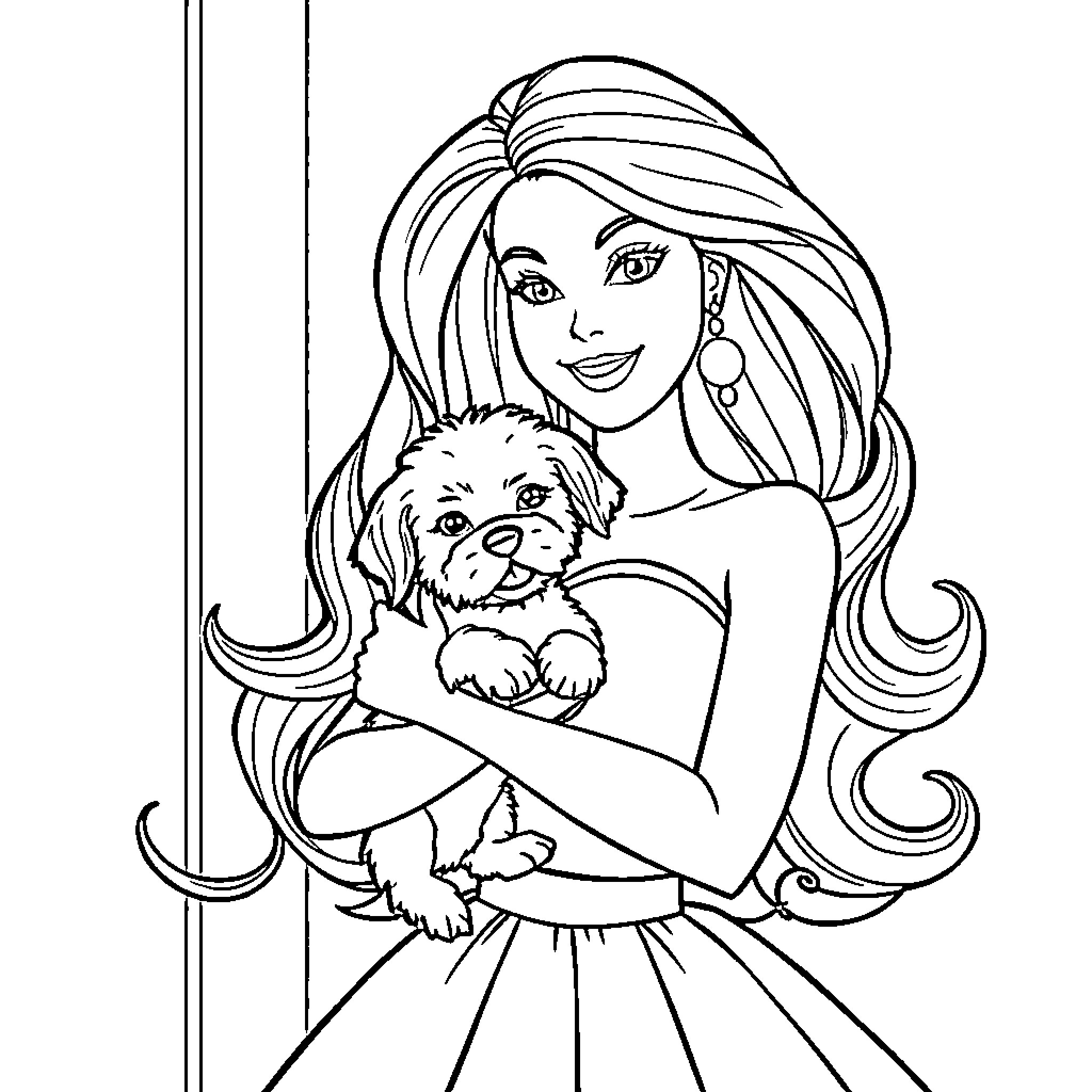 Barbie posing with a pet dog Coloring Page (free black-and-white line drawing printable PDF for all, from beginners to advanced learners, including children, teens, adults, and seniors)
