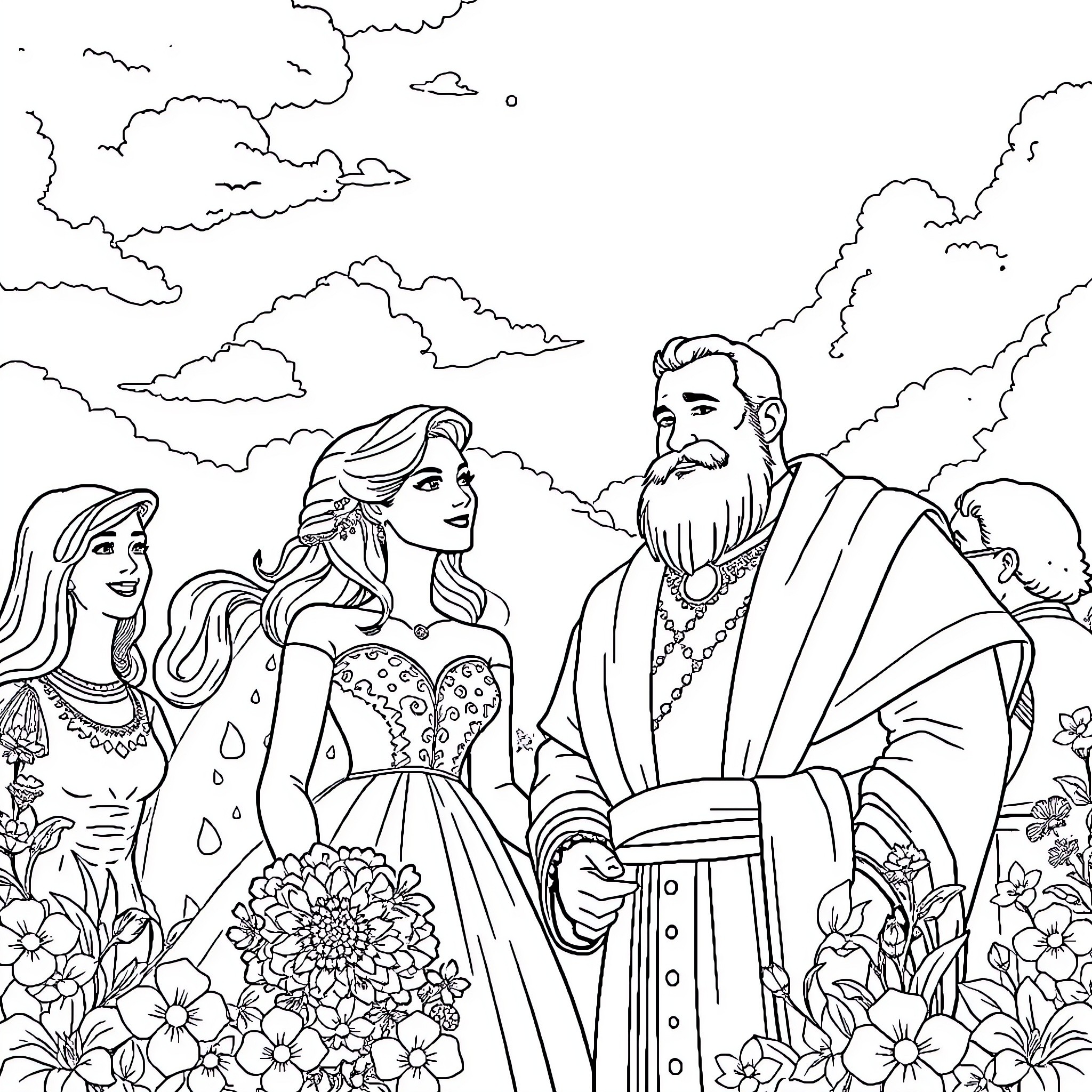 Fille in beautiful garden with family Coloring Page (free black-and-white line drawing printable PDF for all, from beginners to advanced learners, including children, teens, adults, and seniors)