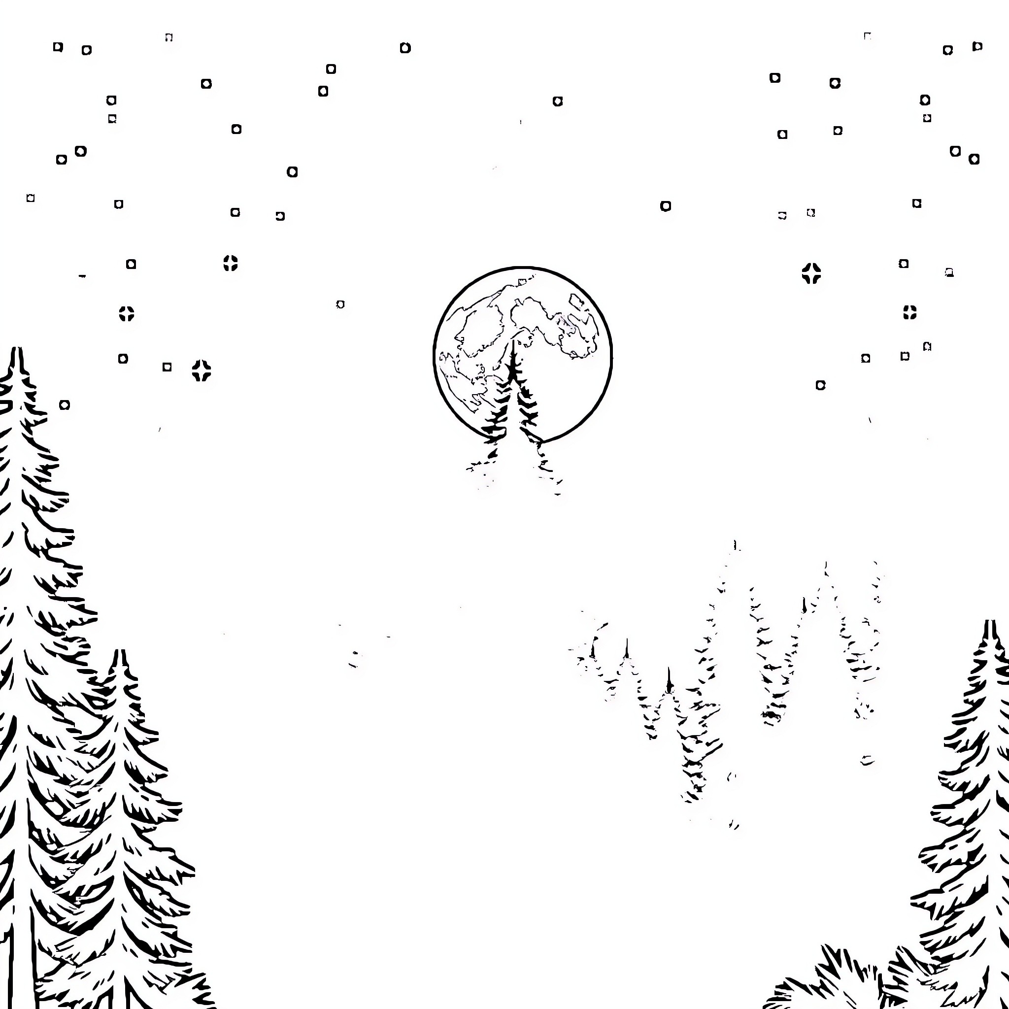 Forest scene with full moon and silhouetted trees Coloring Page (free black-and-white line drawing printable PDF for all, from beginners to advanced learners, including children, teens, adults, and seniors)