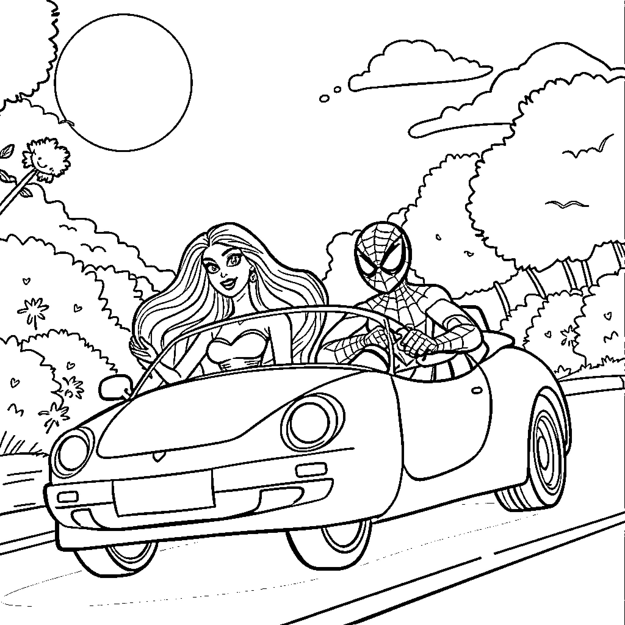 Car ride with superheroes in the countryside Coloring Page (free black-and-white line drawing printable PDF for all, from beginners to advanced learners, including children, teens, adults, and seniors)