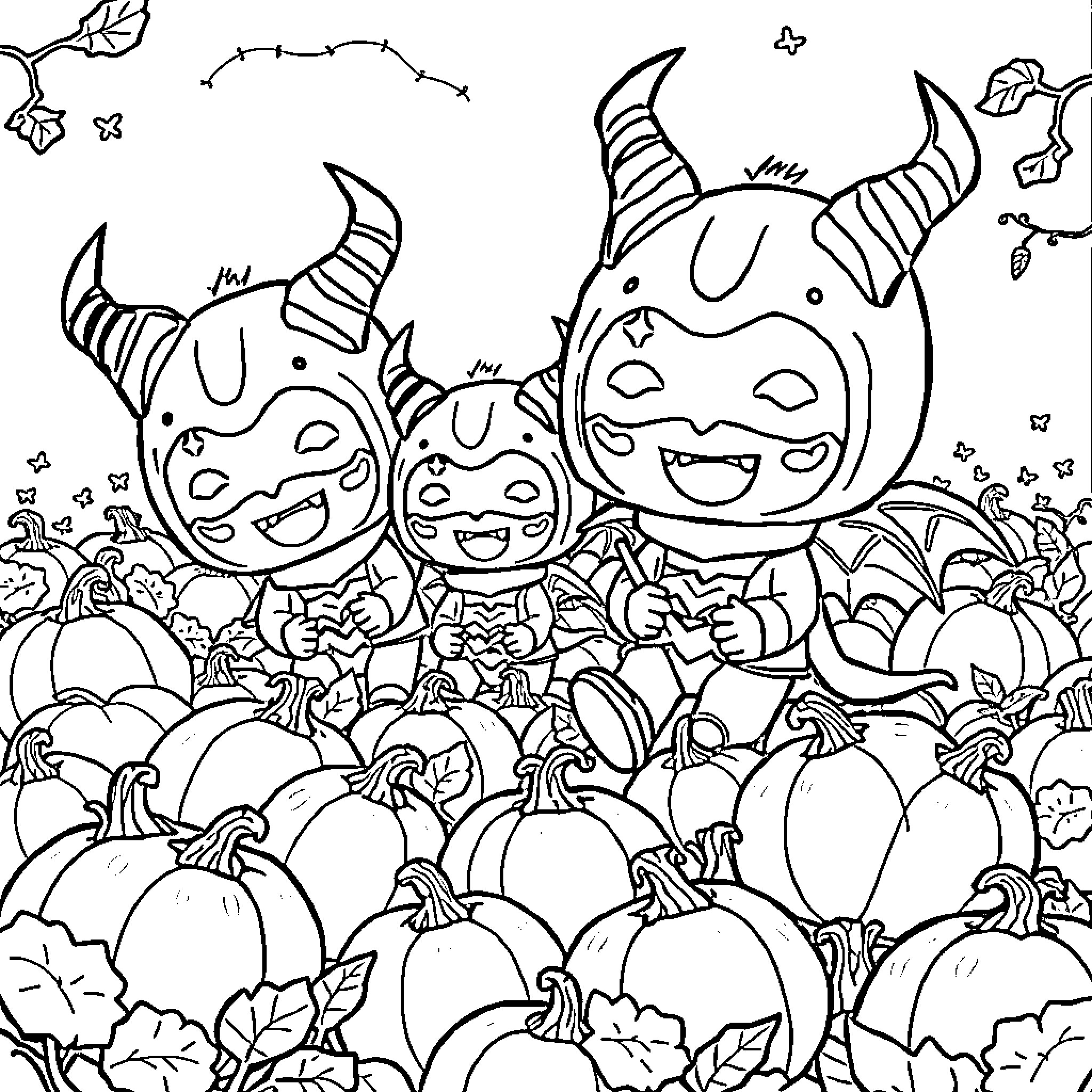 Demon Hunters having fun in a pumpkin patch Coloring Page (free black-and-white line drawing printable PDF for all, from beginners to advanced learners, including children, teens, adults, and seniors)