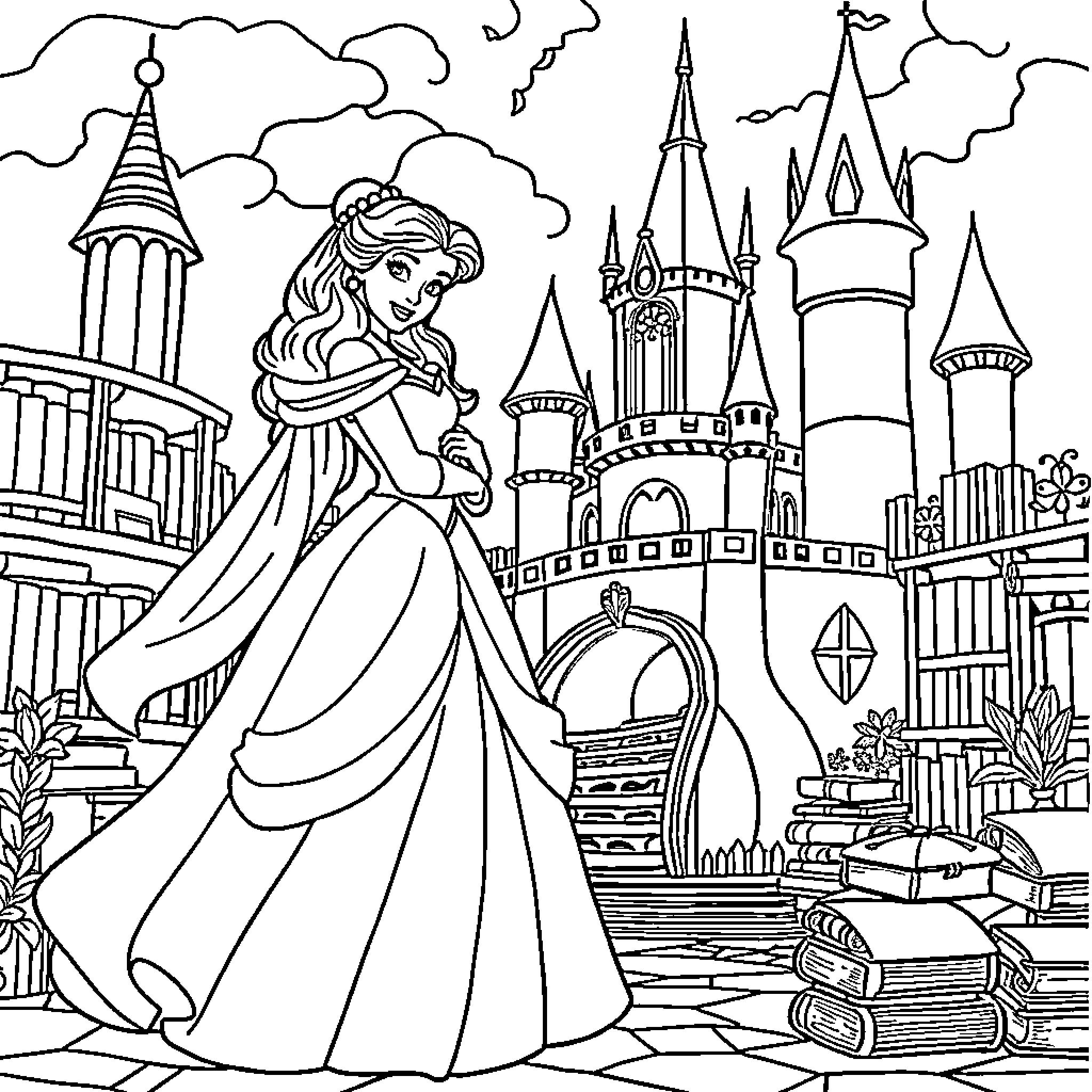 Princess in a Magical Castle Coloring Page (free black-and-white line drawing printable PDF for all, from beginners to advanced learners, including children, teens, adults, and seniors)
