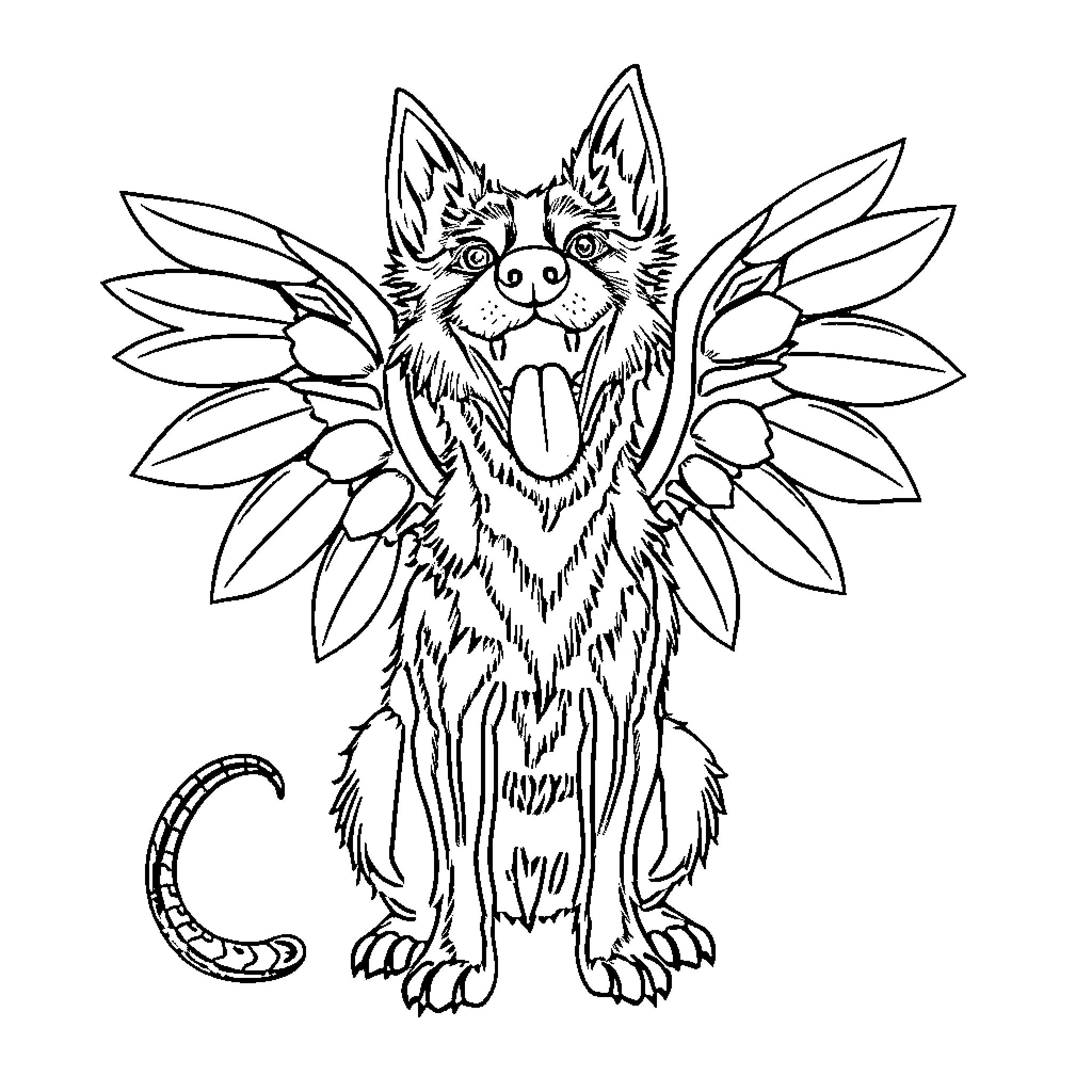 Dog with playful wings and expression Coloring Page (free black-and-white line drawing printable PDF for all, from beginners to advanced learners, including children, teens, adults, and seniors)