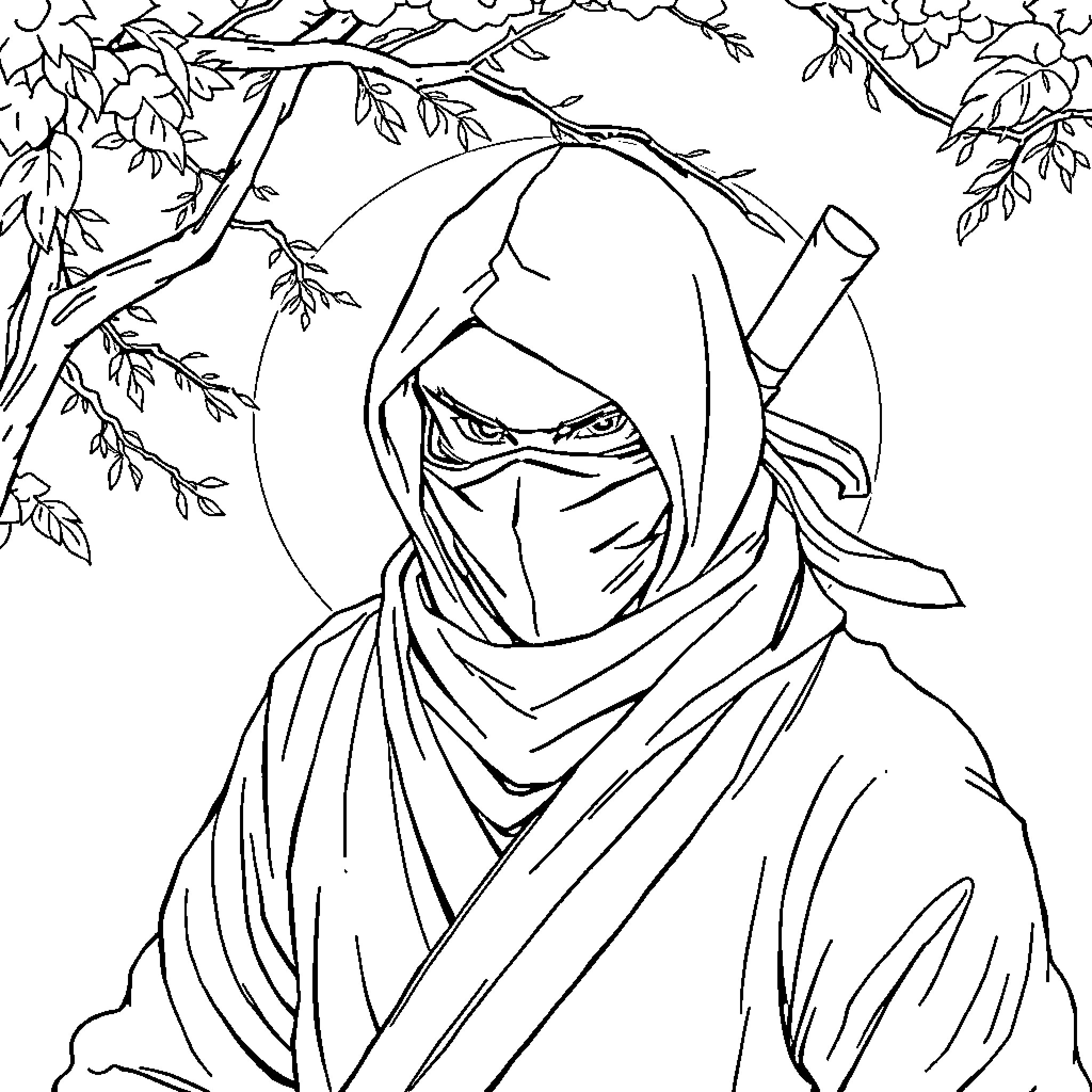 Ninja warrior in nature's embrace Coloring Page (free black-and-white line drawing printable PDF for all, from beginners to advanced learners, including children, teens, adults, and seniors)