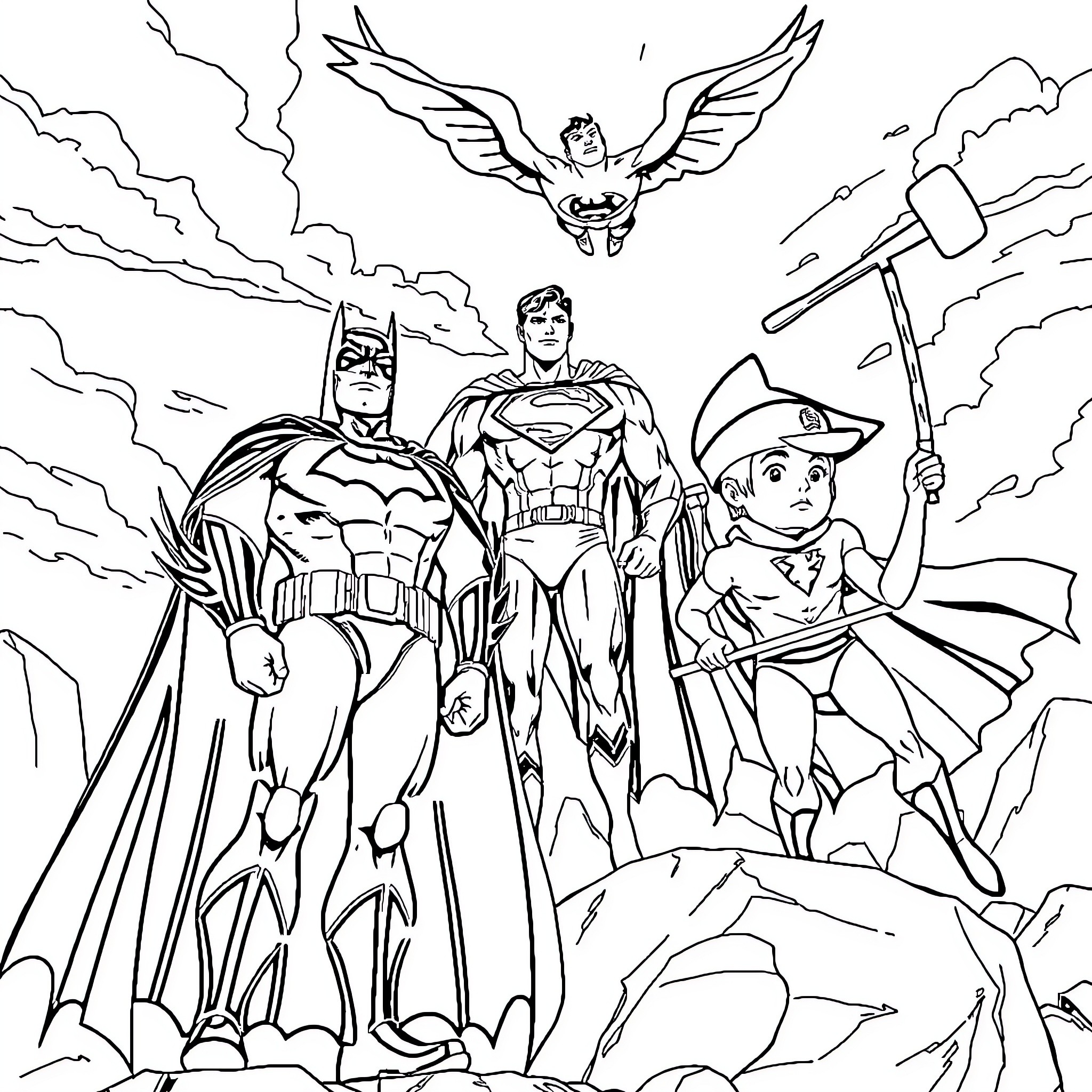 Batman and his superhero companions in action Coloring Page (free black-and-white line drawing printable PDF for all, from beginners to advanced learners, including children, teens, adults, and seniors)