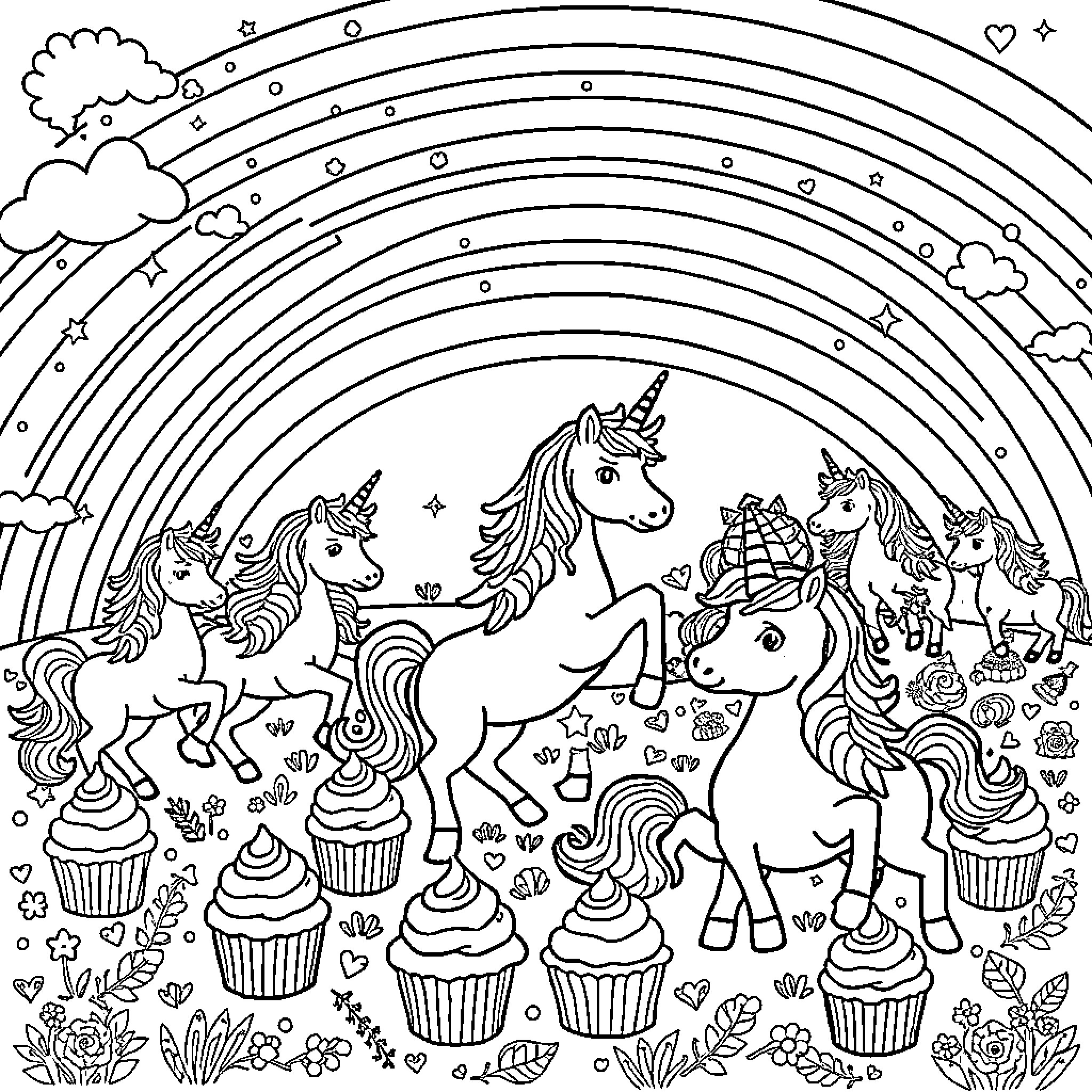 Unicorns Frolicking Amongst Cupcakes and Rainbow Coloring Page (free black-and-white line drawing printable PDF for all, from beginners to advanced learners, including children, teens, adults, and seniors)