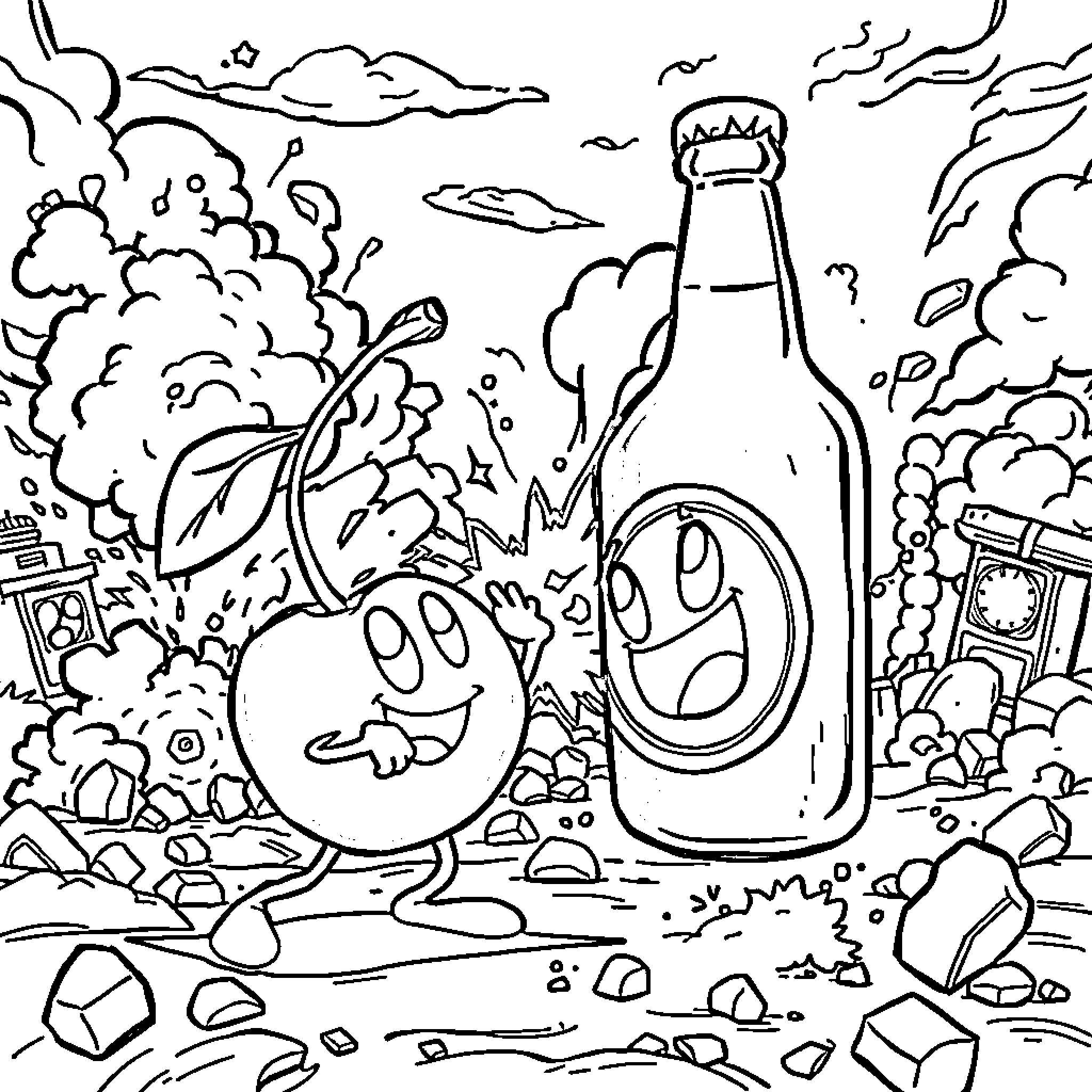 Cherry Creatures Frolicking in the Chaotic Scene Coloring Page (free black-and-white line drawing printable PDF for all, from beginners to advanced learners, including children, teens, adults, and seniors)