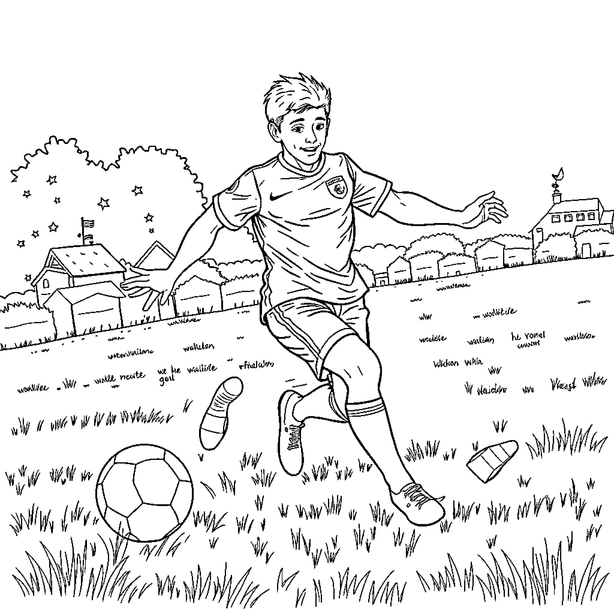 Football Player Kicking Ball on Countryside Field Coloring Page (free black-and-white line drawing printable PDF for all, from beginners to advanced learners, including children, teens, adults, and seniors)