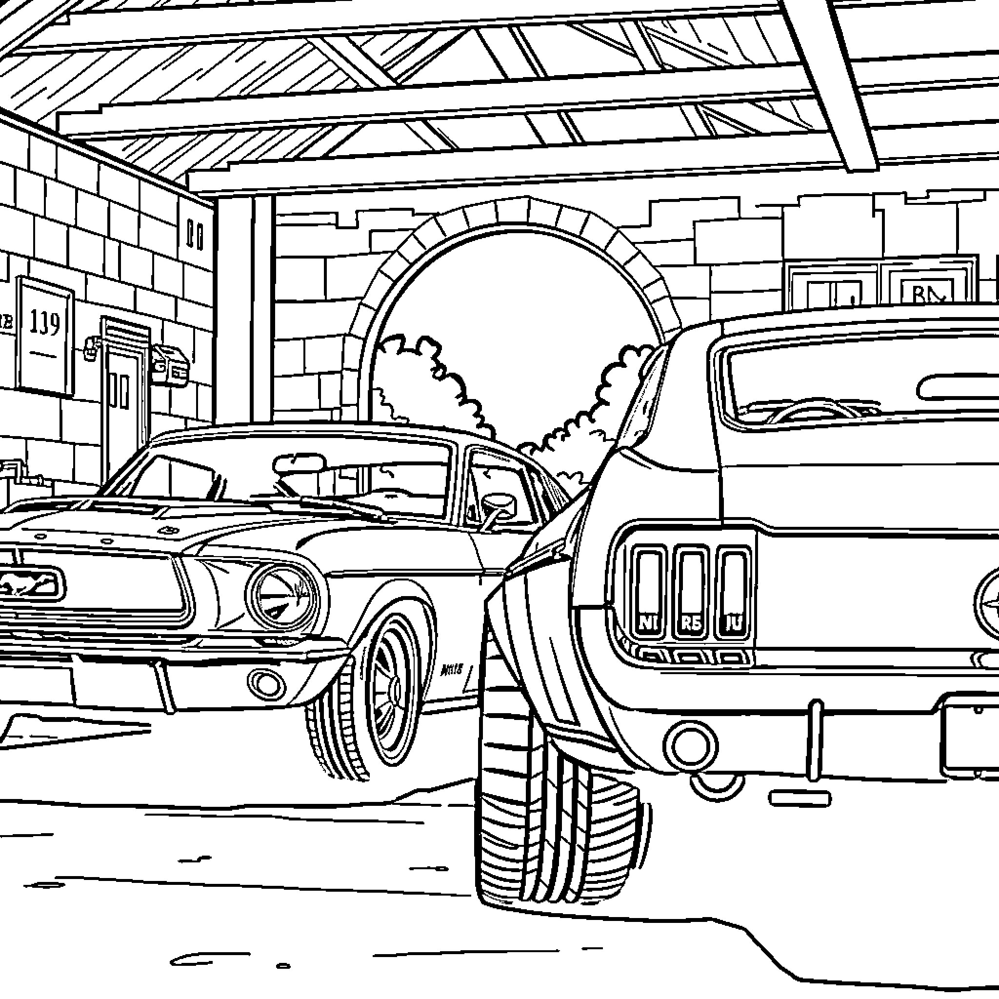 Mustang sports cars in a garage workshop Coloring Page (free black-and-white line drawing printable PDF for all, from beginners to advanced learners, including children, teens, adults, and seniors)