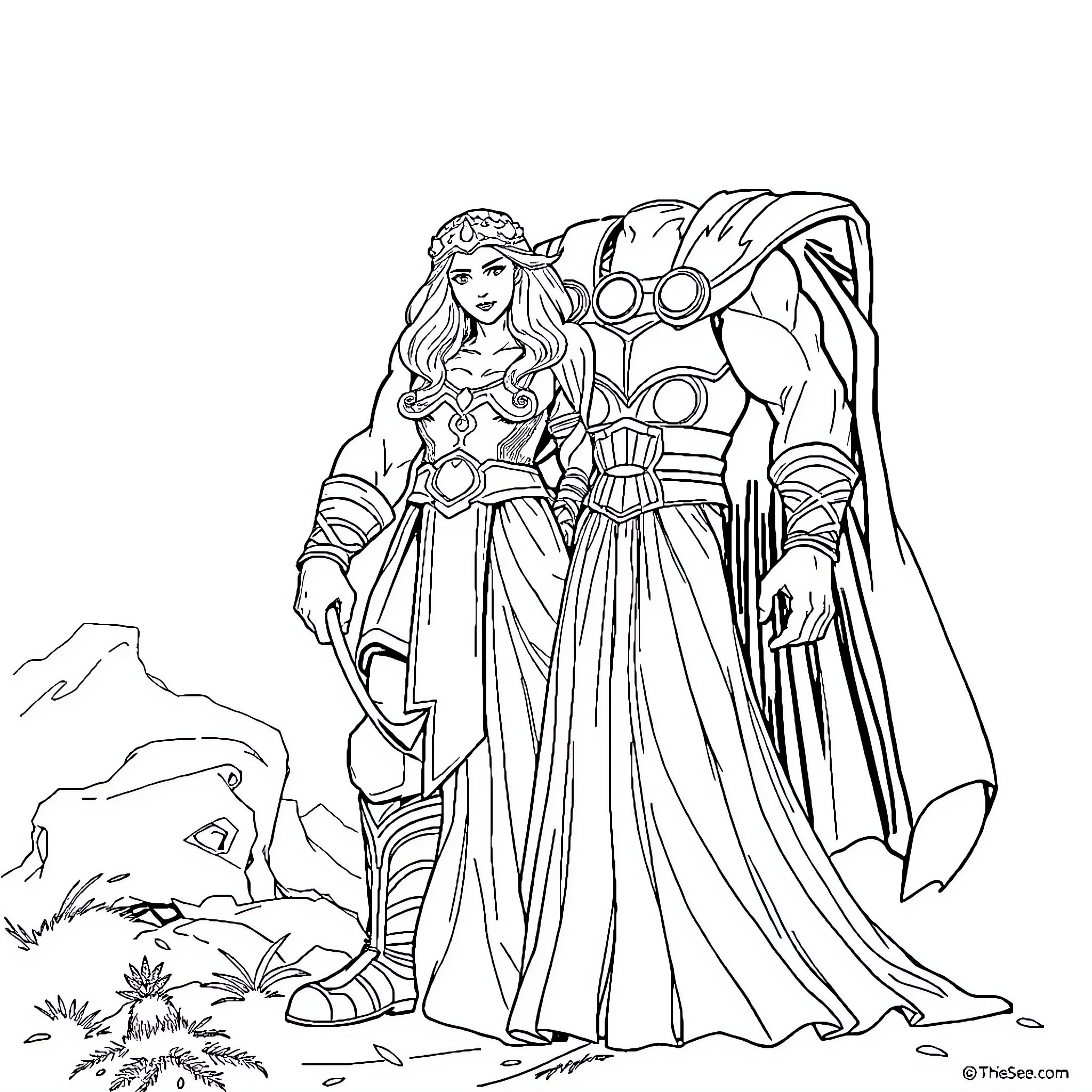 Thor and the Mighty Warrior Princess in the Enchanted Realm Coloring Page (free black-and-white line drawing printable PDF for all, from beginners to advanced learners, including children, teens, adults, and seniors)