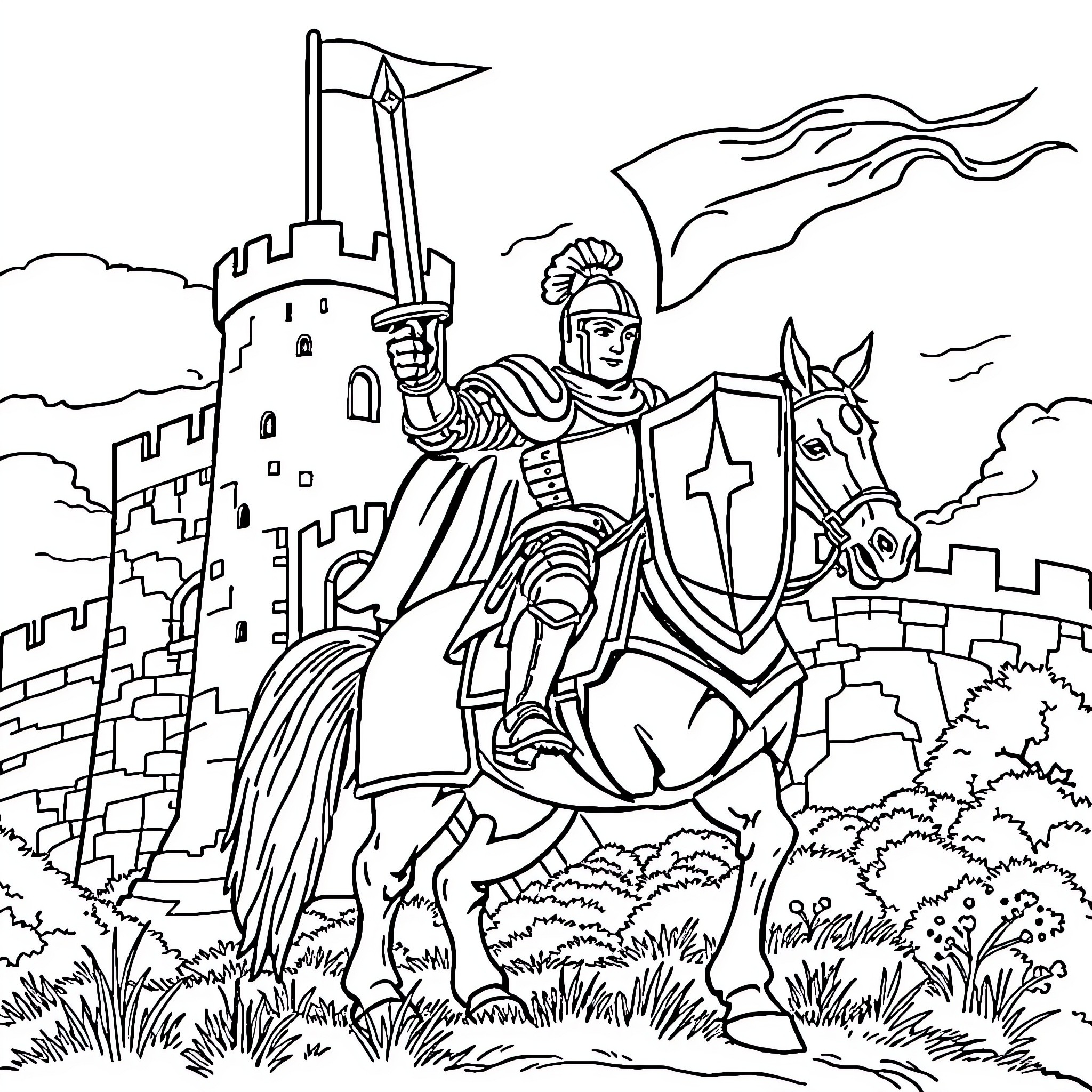 Knight on Horseback Defends Castle with Sword and Shield Coloring Page (free black-and-white line drawing printable PDF for all, from beginners to advanced learners, including children, teens, adults, and seniors)