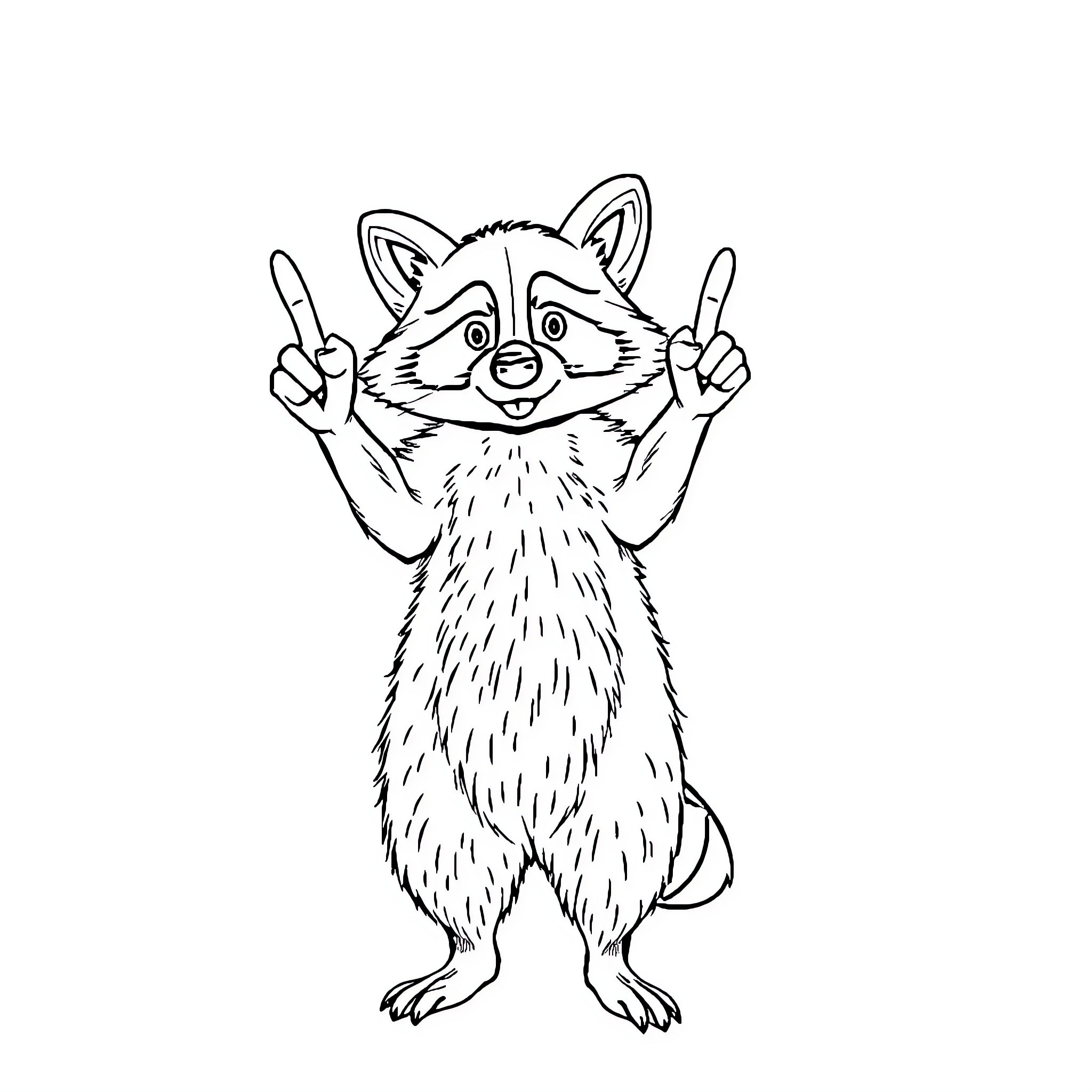 Raccoon making silly gestures Coloring Page (free black-and-white line drawing printable PDF for all, from beginners to advanced learners, including children, teens, adults, and seniors)