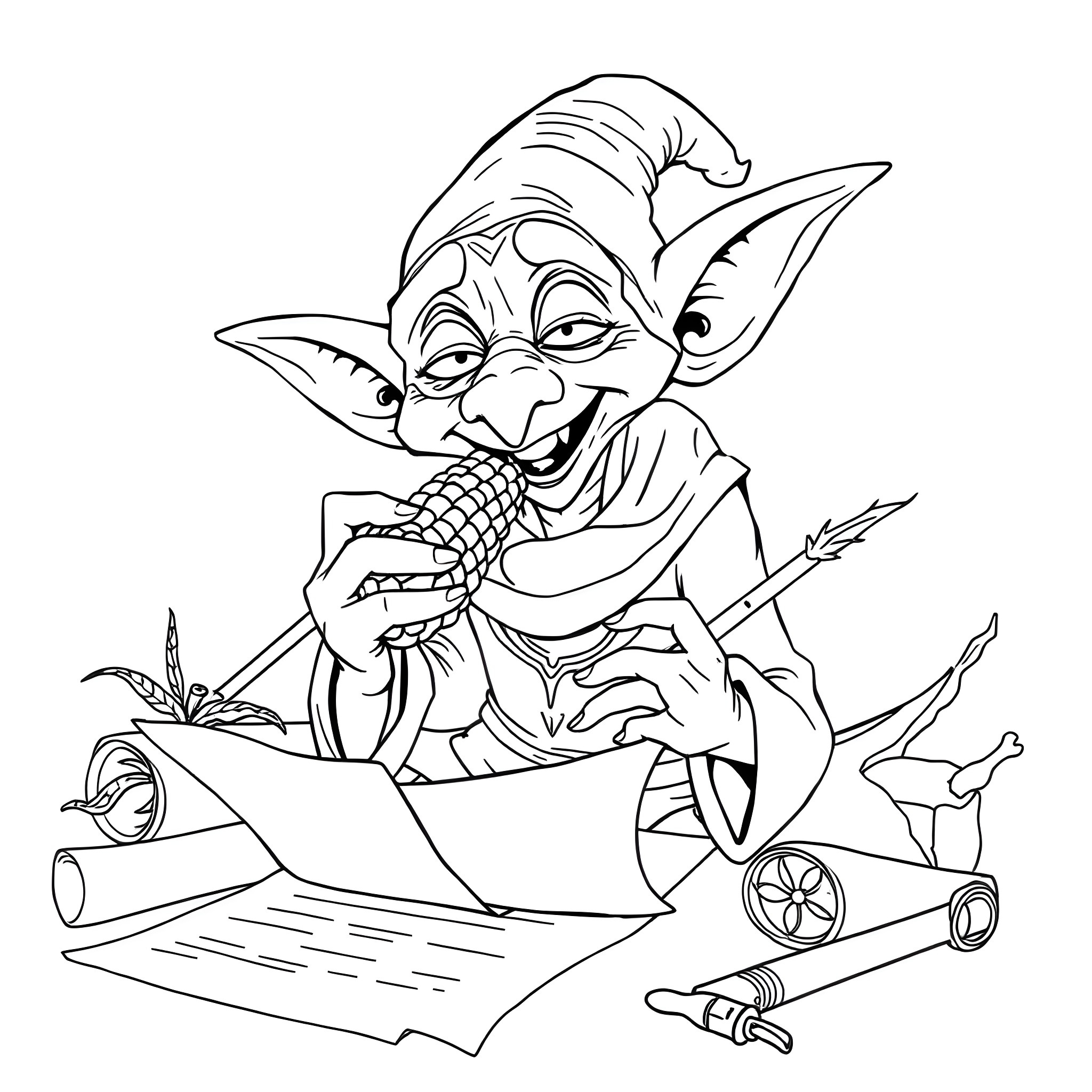 Dobby the Mischievous Elf Plotting Mischief Coloring Page (free black-and-white line drawing printable PDF for all, from beginners to advanced learners, including children, teens, adults, and seniors)