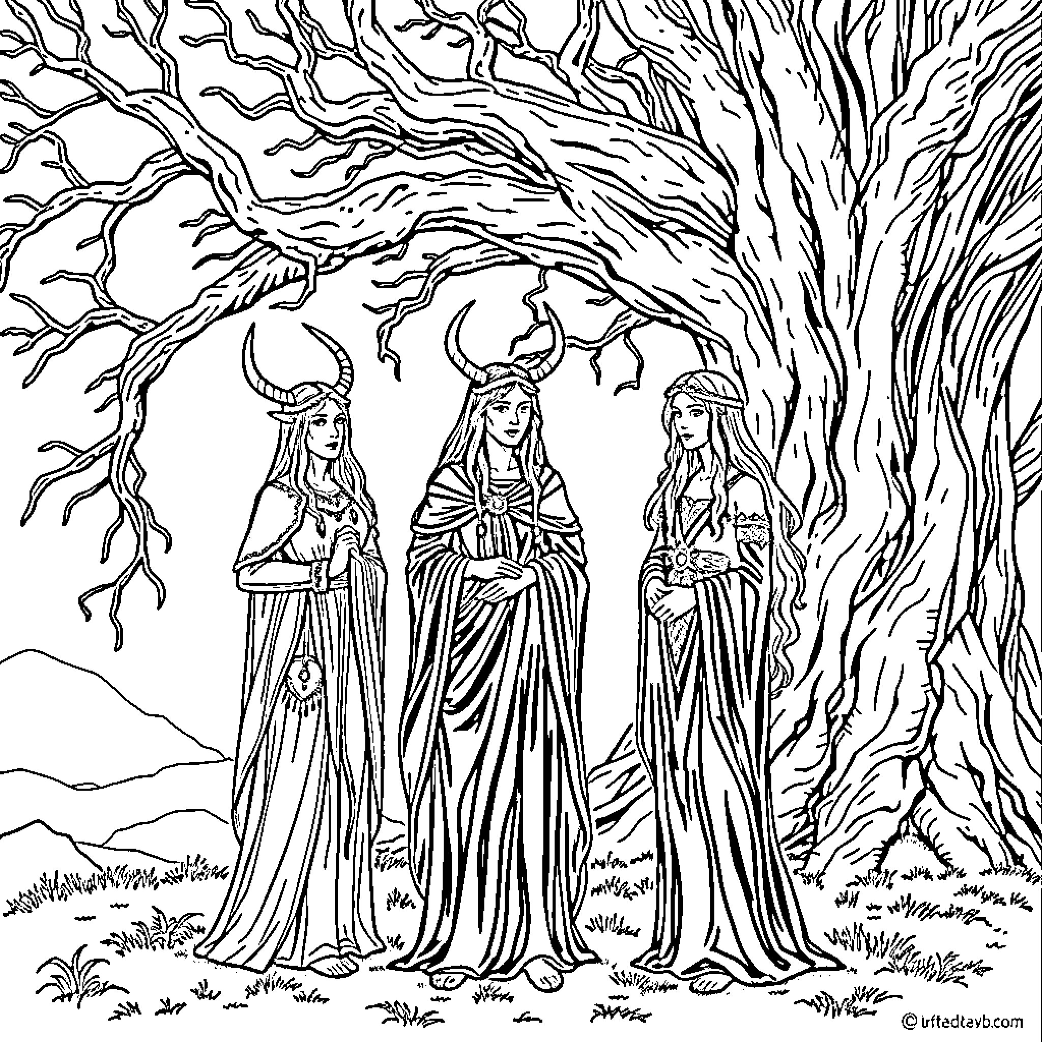 Norn Sisters in Mystical Forest Gathering Coloring Page (free black-and-white line drawing printable PDF for all, from beginners to advanced learners, including children, teens, adults, and seniors)