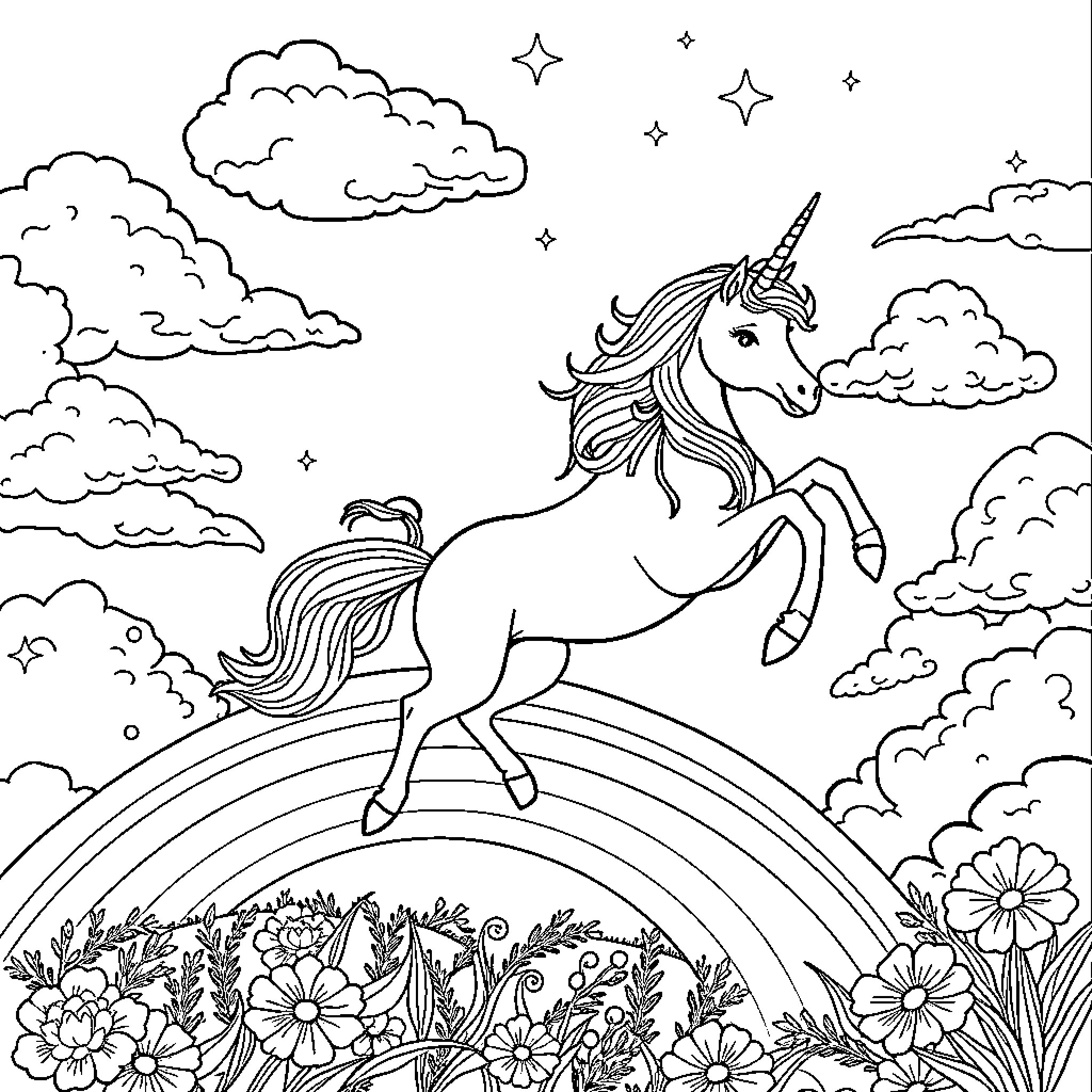 Unicorn galloping through a magical landscape Coloring Page (free black-and-white line drawing printable PDF for all, from beginners to advanced learners, including children, teens, adults, and seniors)