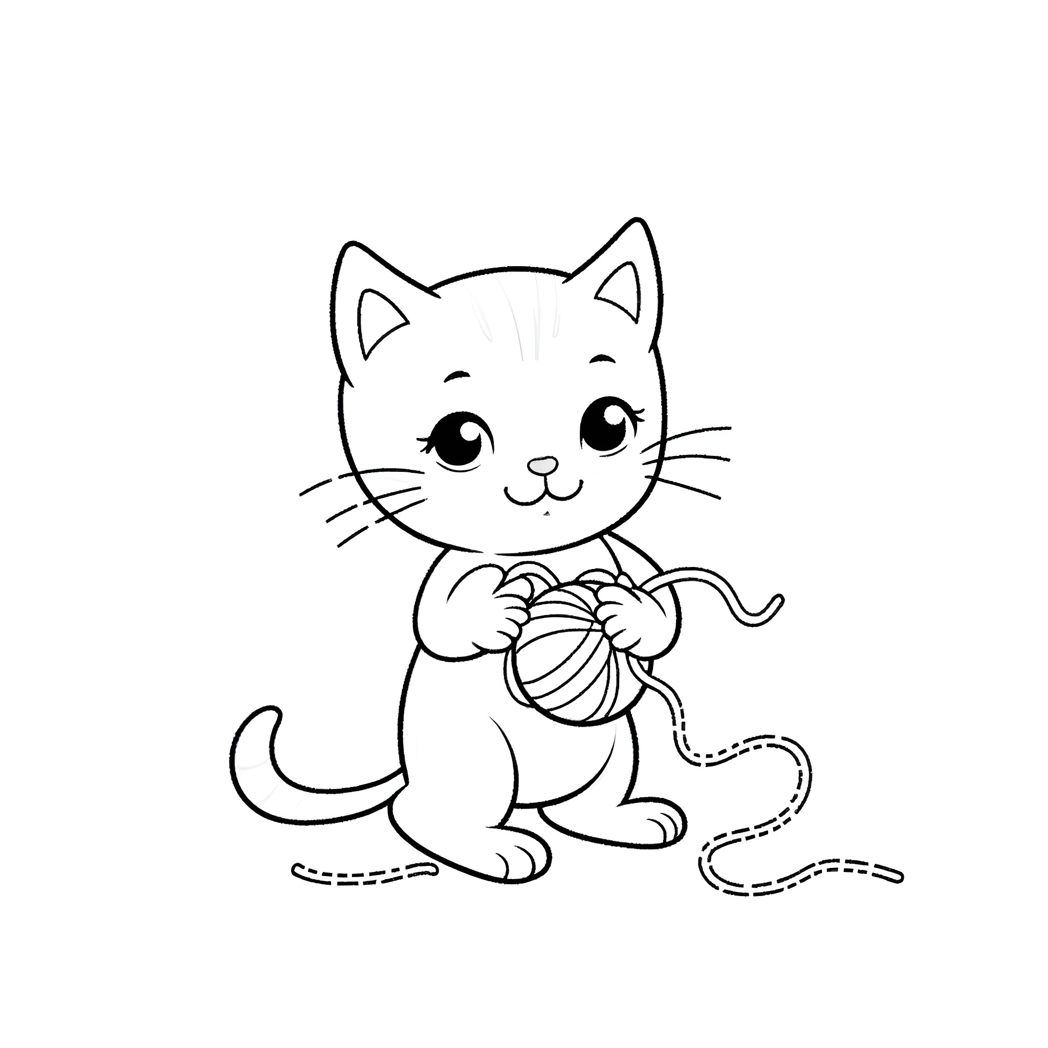 Cat playing with yarn Coloring Page (free black-and-white line drawing printable PDF for all, from beginners to advanced learners, including children, teens, adults, and seniors)