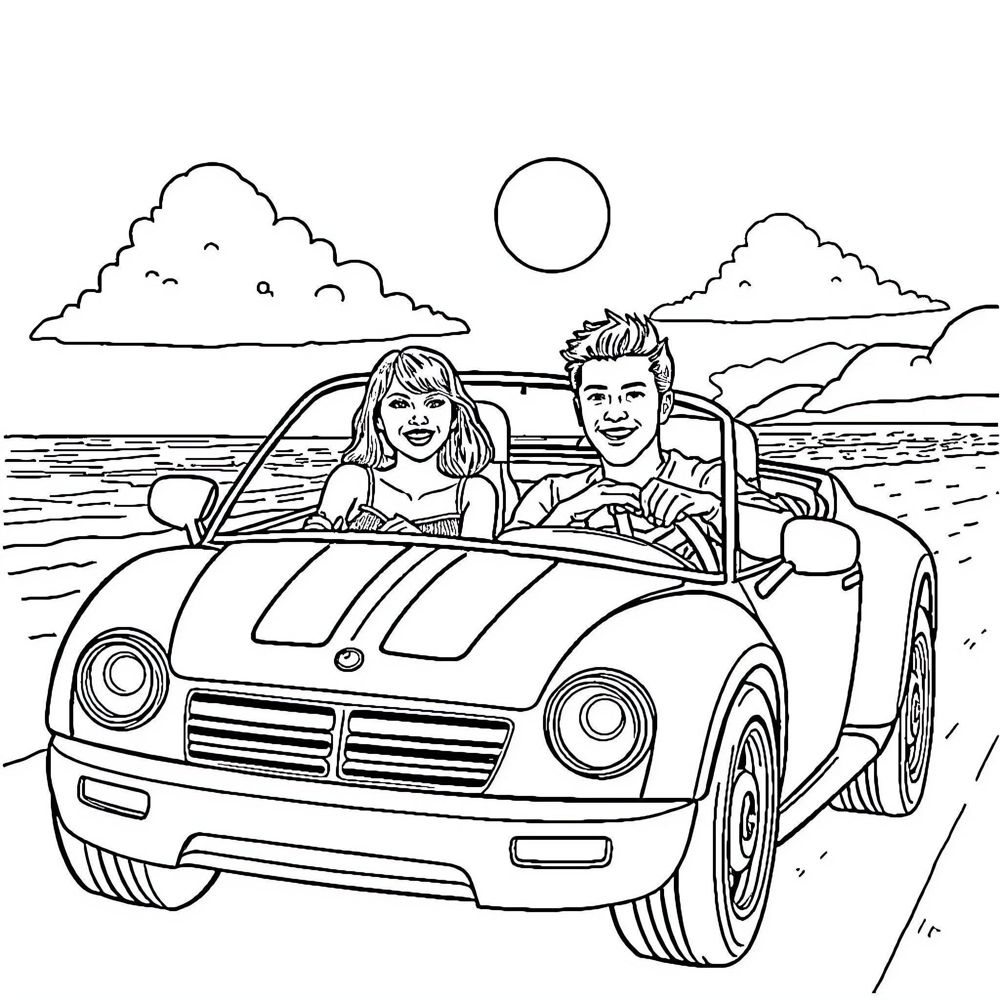 Taylor Swift and companion driving convertible on beach Coloring Page (free black-and-white line drawing printable PDF for all, from beginners to advanced learners, including children, teens, adults, and seniors)