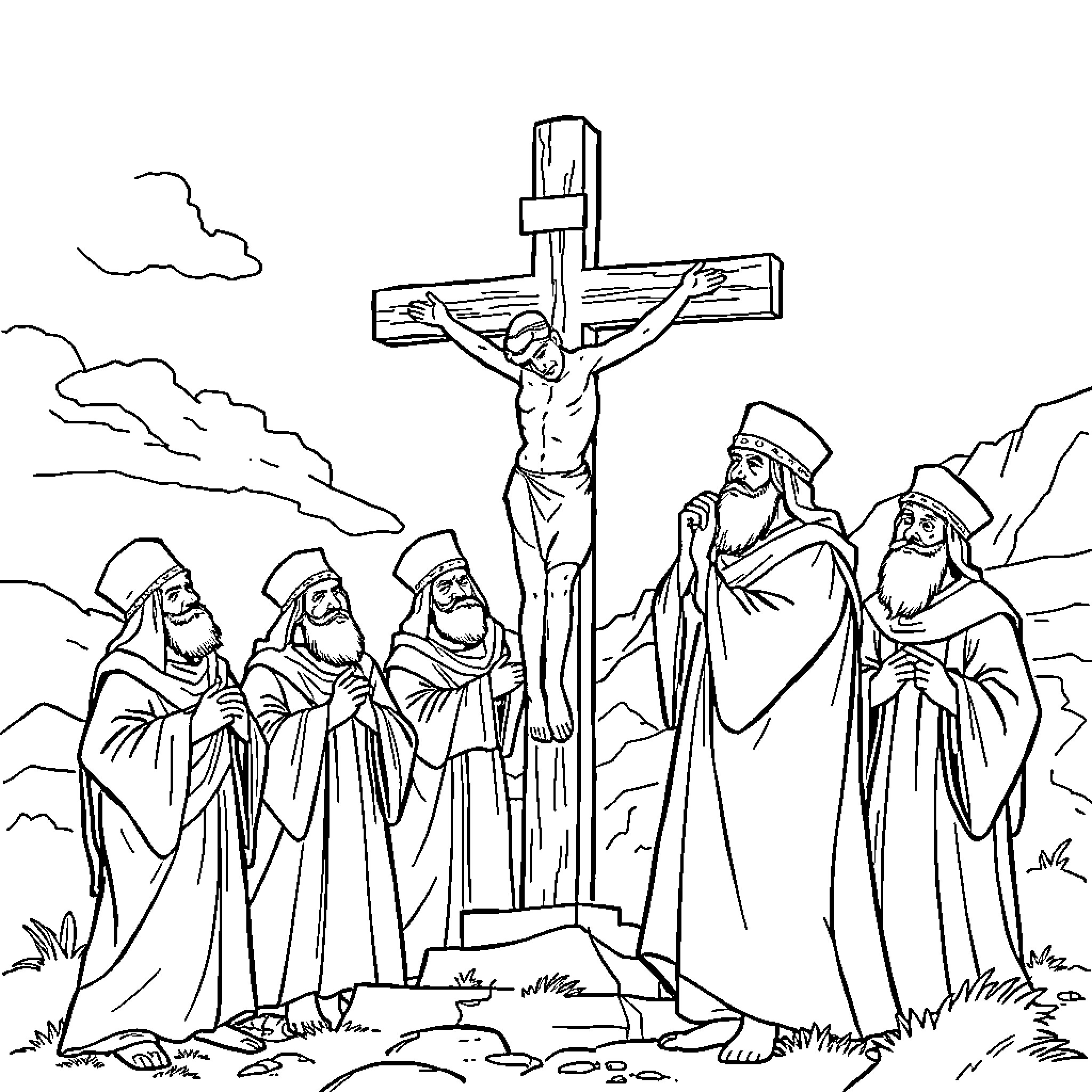 Scribe's Depiction of Crucifixion and Onlookers Coloring Page (free black-and-white line drawing printable PDF for all, from beginners to advanced learners, including children, teens, adults, and seniors)