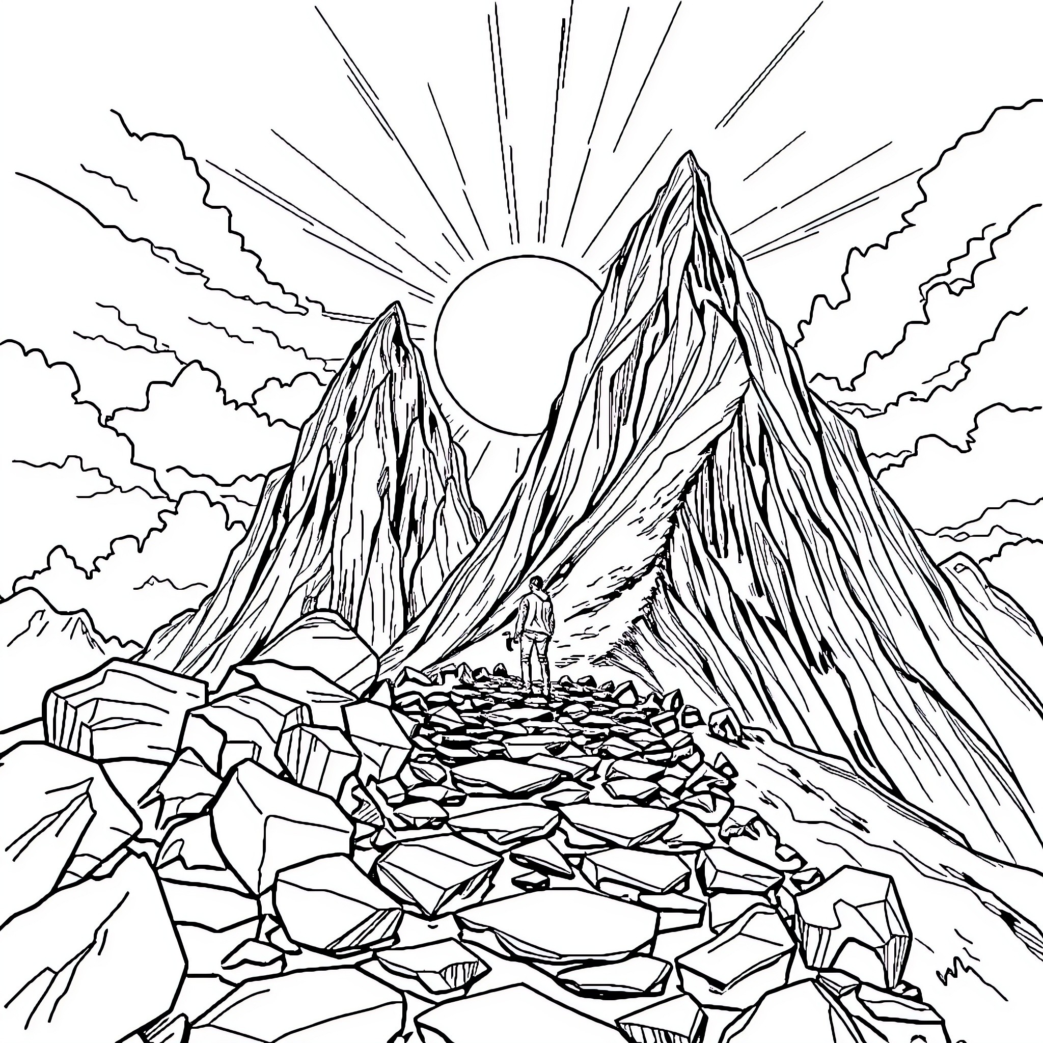 Challenge of the Mountainous Landscape Coloring Page (free black-and-white line drawing printable PDF for all, from beginners to advanced learners, including children, teens, adults, and seniors)