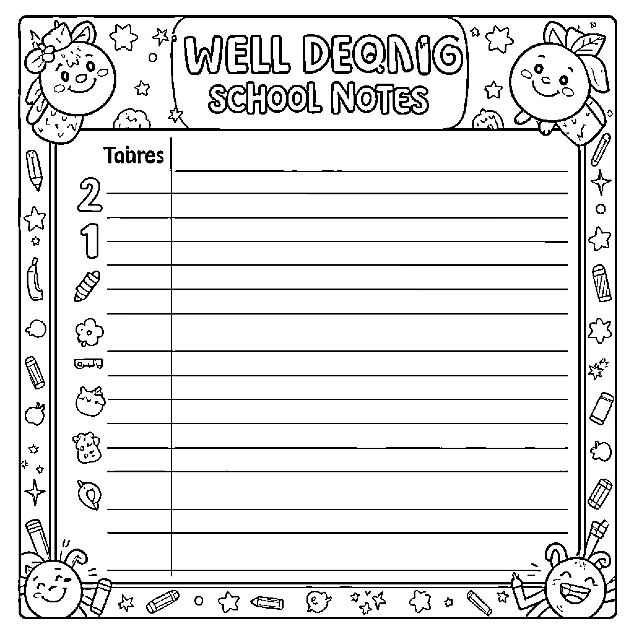 School Note Template featuring cute characters and star patterns Coloring Page (free black-and-white line drawing printable PDF for all, from beginners to advanced learners, including children, teens, adults, and seniors)