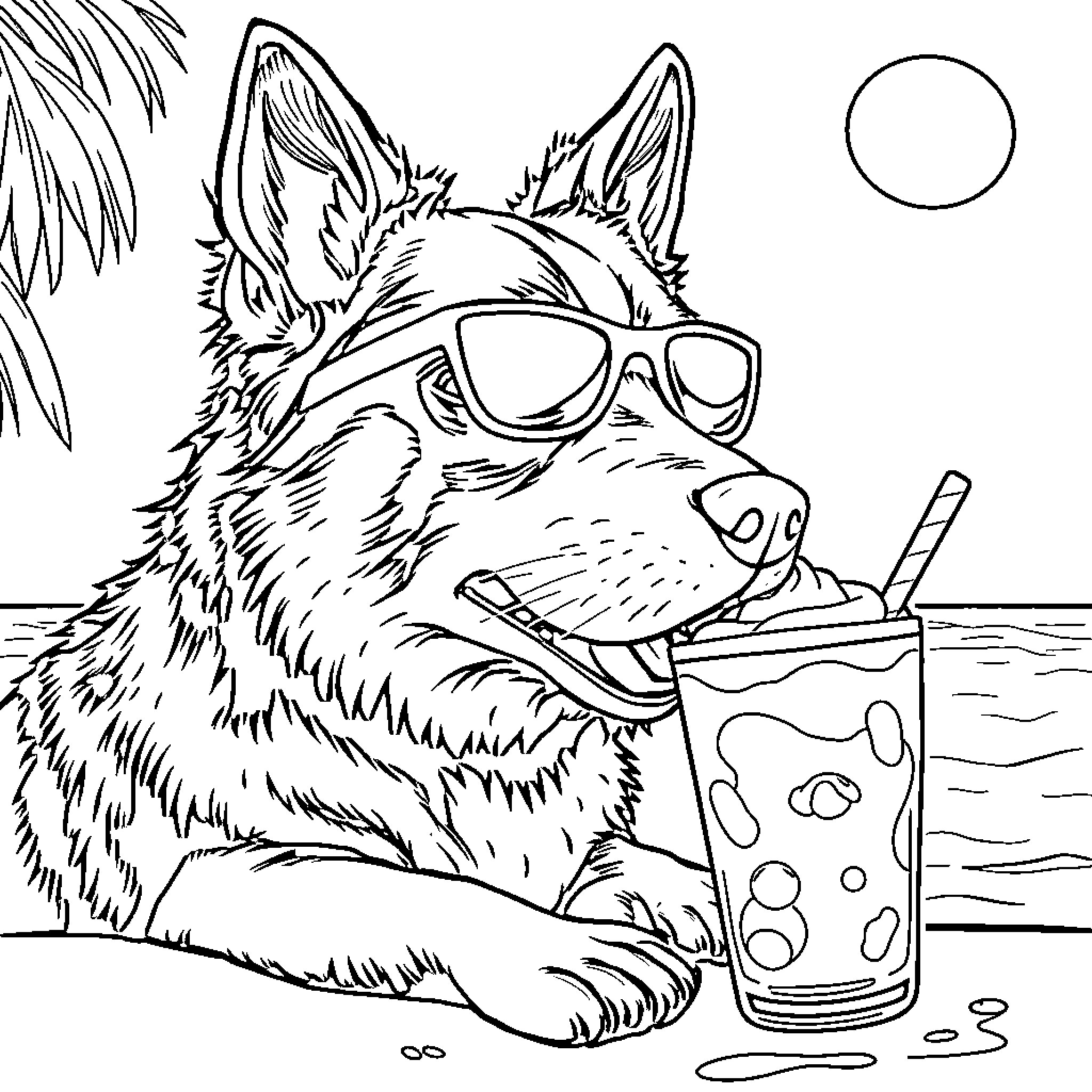 Dog enjoying a refreshing drink on the beach Coloring Page (free black-and-white line drawing printable PDF for all, from beginners to advanced learners, including children, teens, adults, and seniors)