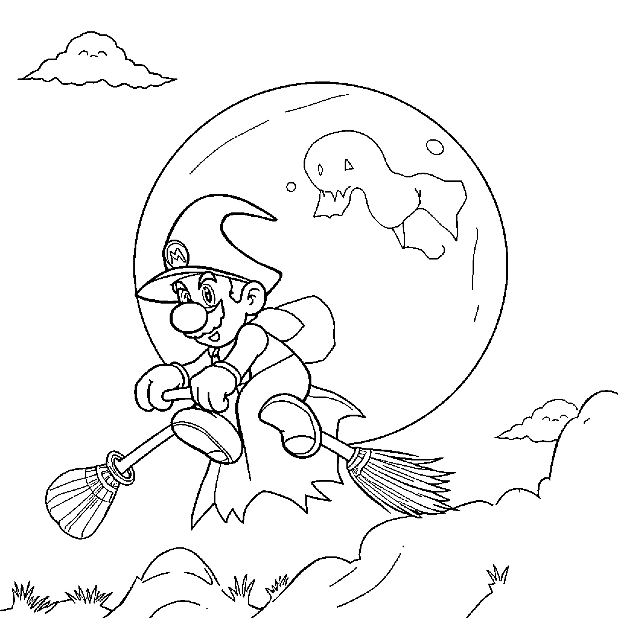 Mario Riding a Broomstick Under the Moonlight Coloring Page (free black-and-white line drawing printable PDF for all, from beginners to advanced learners, including children, teens, adults, and seniors)