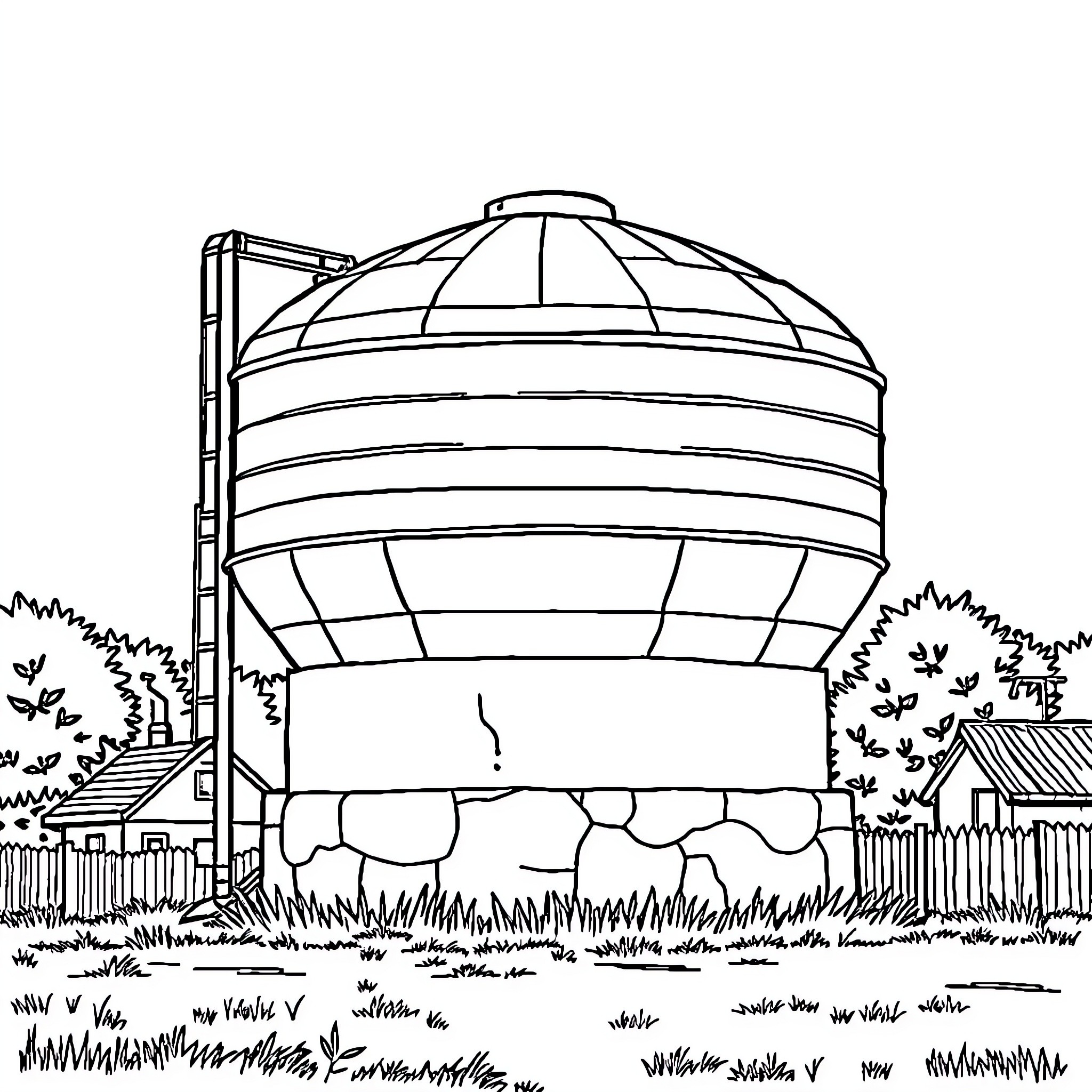 Water Tank in a Rural Landscape Coloring Page (free black-and-white line drawing printable PDF for all, from beginners to advanced learners, including children, teens, adults, and seniors)