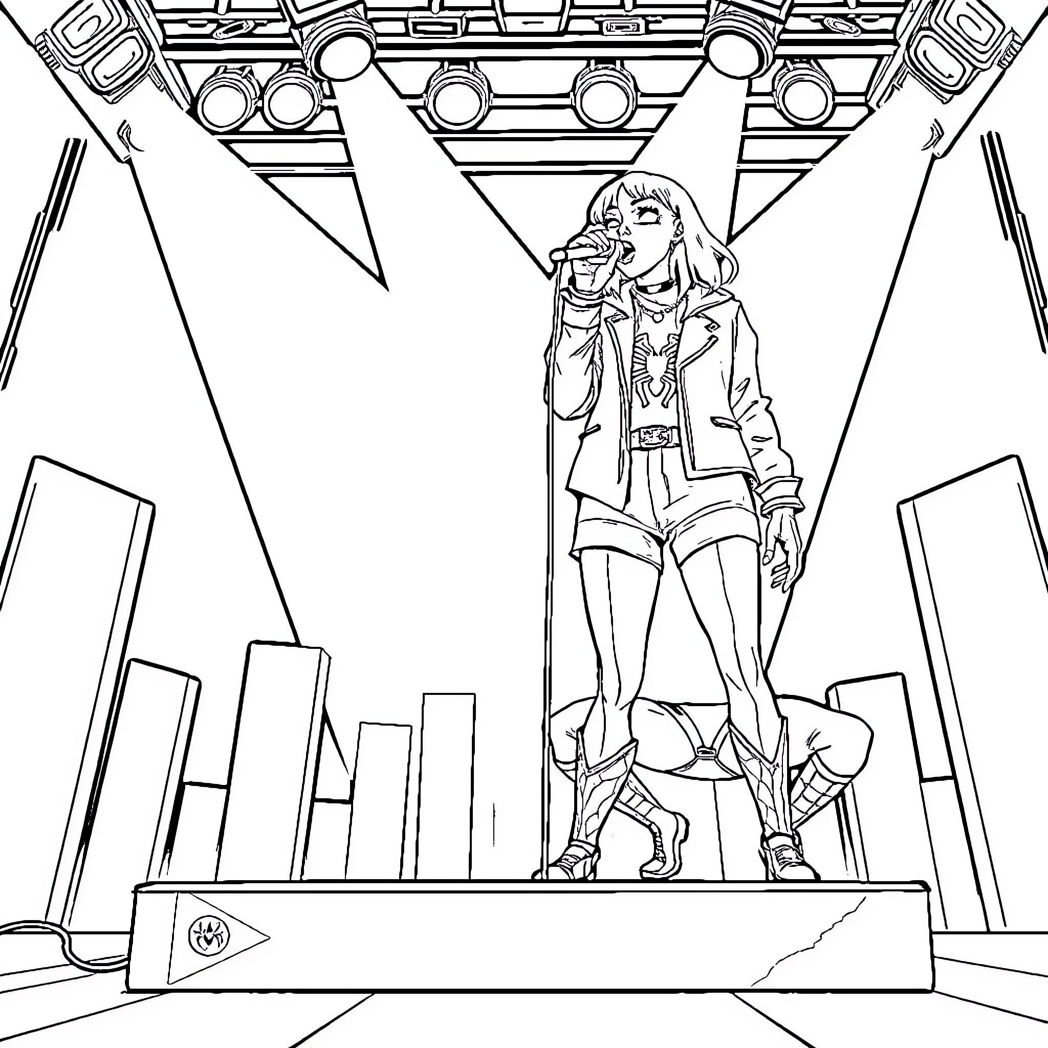 Billie Eilish performing on stage Coloring Page (free black-and-white line drawing printable PDF for all, from beginners to advanced learners, including children, teens, adults, and seniors)