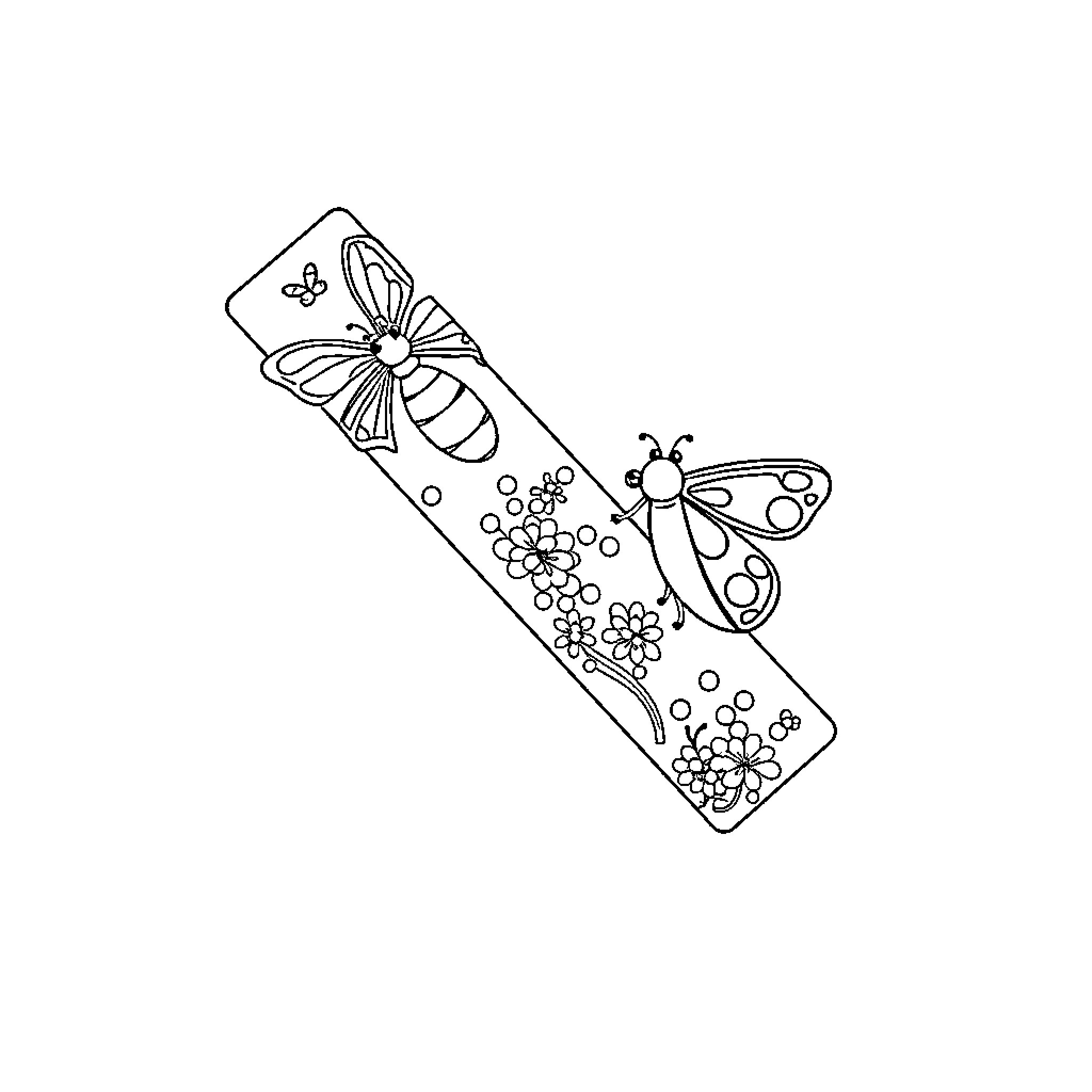 Bug-themed bookmark with butterflies and flowers Coloring Page (free black-and-white line drawing printable PDF for all, from beginners to advanced learners, including children, teens, adults, and seniors)