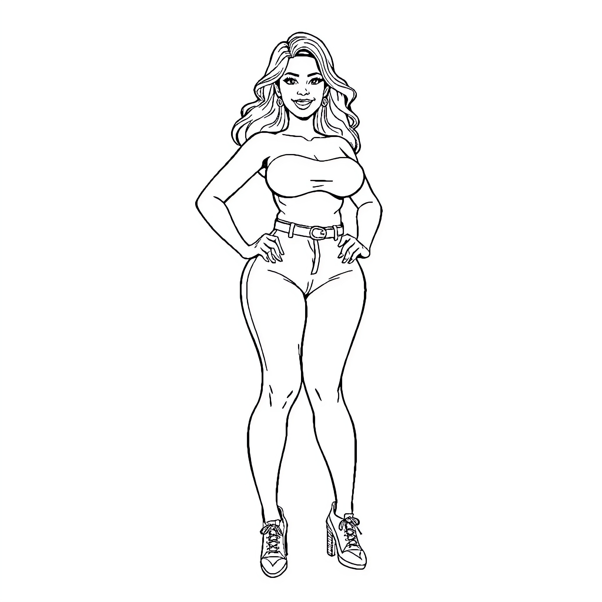 Latina woman with confident posture and stylish outfit Coloring Page (free black-and-white line drawing printable PDF for all, from beginners to advanced learners, including children, teens, adults, and seniors)