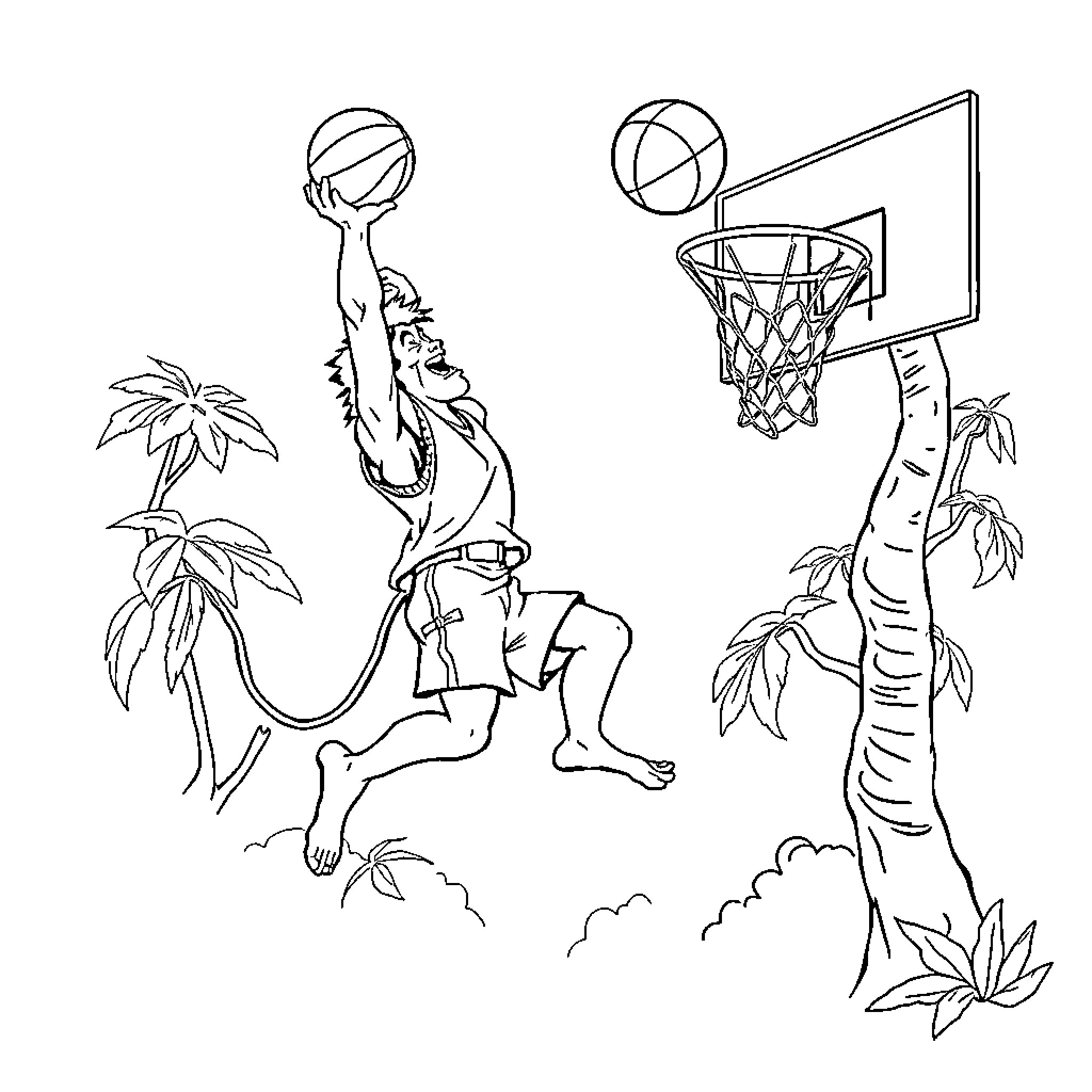 Tarzan dunking a basketball in the jungle Coloring Page (free black-and-white line drawing printable PDF for all, from beginners to advanced learners, including children, teens, adults, and seniors)