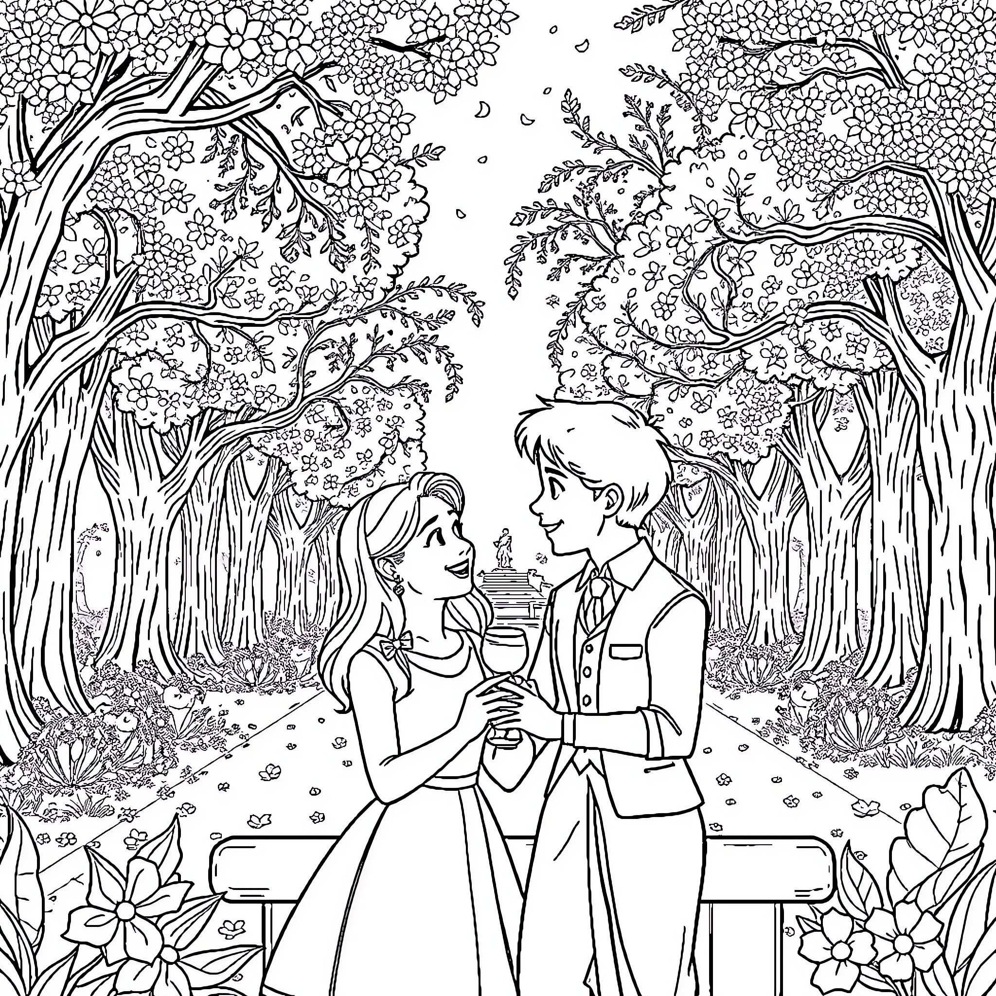 Emily and the Prince's Enchanted Garden Coloring Page (free black-and-white line drawing printable PDF for all, from beginners to advanced learners, including children, teens, adults, and seniors)