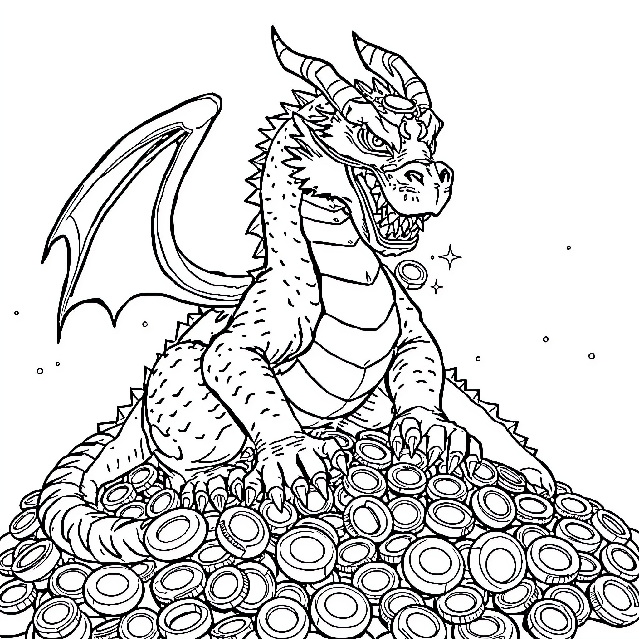 Dragon guarding a hoard of treasure Coloring Page (free black-and-white line drawing printable PDF for all, from beginners to advanced learners, including children, teens, adults, and seniors)