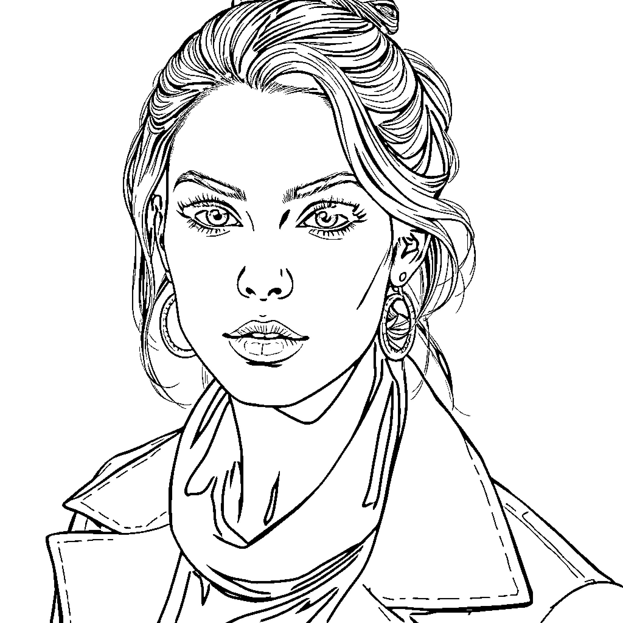 Thylane Blondeau's pensive expression in a captivating portrait Coloring Page (free black-and-white line drawing printable PDF for all, from beginners to advanced learners, including children, teens, adults, and seniors)