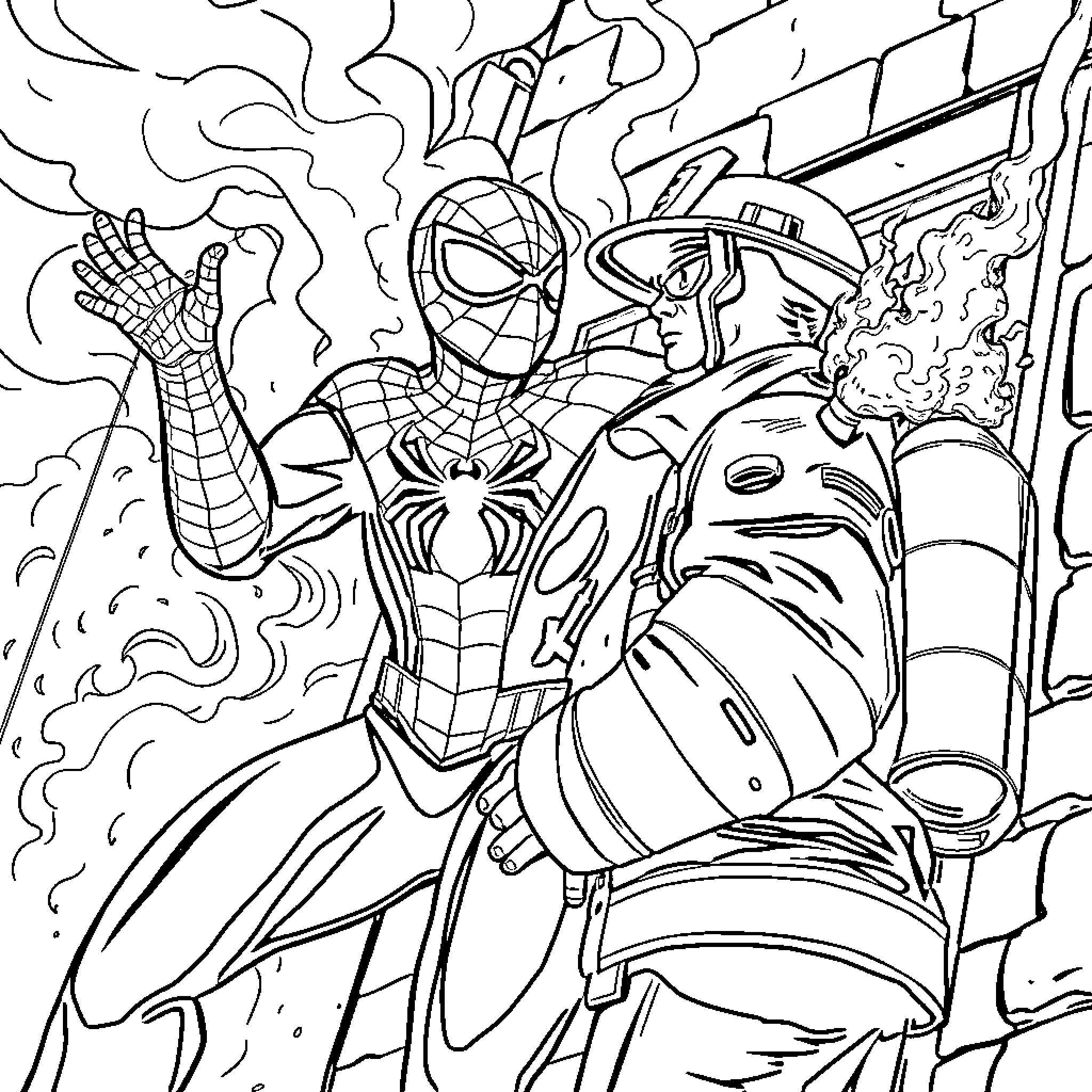 Spiderman rescuing victims from dangerous situation Coloring Page (free black-and-white line drawing printable PDF for all, from beginners to advanced learners, including children, teens, adults, and seniors)