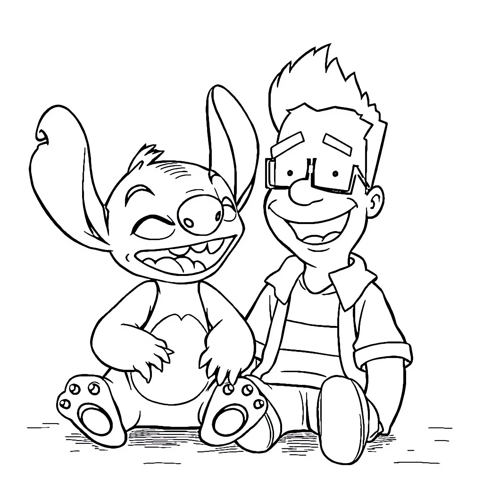 Stitch and friend playing happily together Coloring Page (free black-and-white line drawing printable PDF for all, from beginners to advanced learners, including children, teens, adults, and seniors)