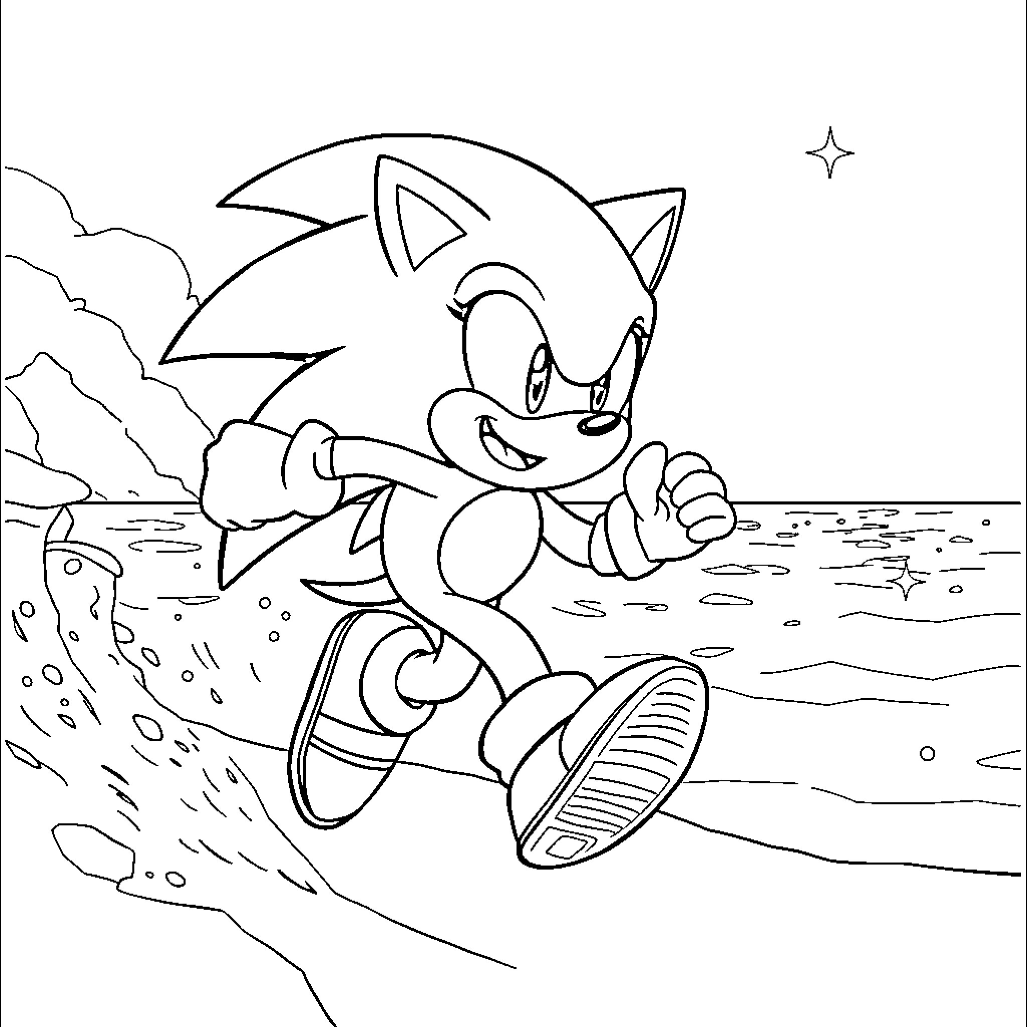 Sonic running swiftly by the ocean Coloring Page (free black-and-white line drawing printable PDF for all, from beginners to advanced learners, including children, teens, adults, and seniors)