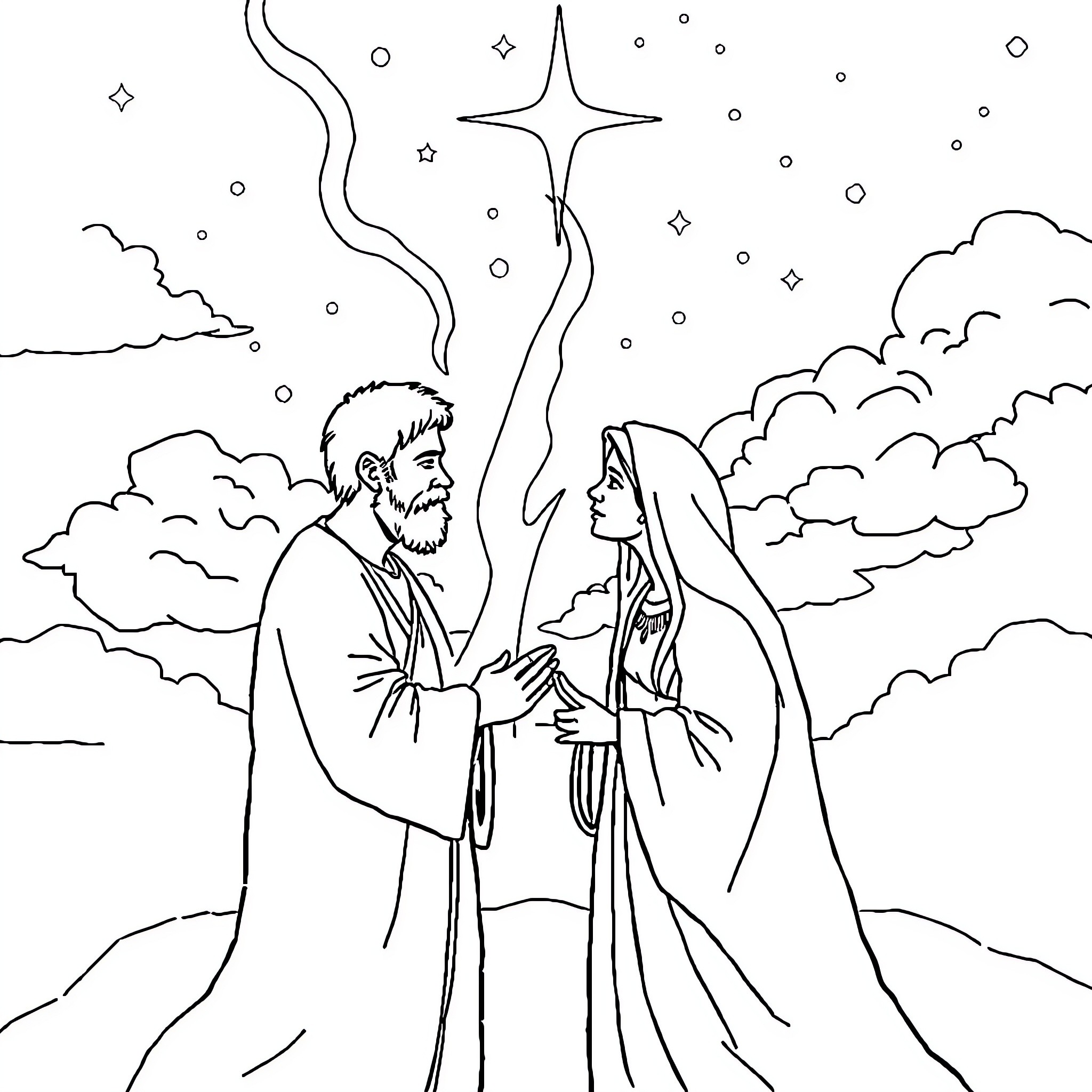 God's messengers speak under the starry sky Coloring Page (free black-and-white line drawing printable PDF for all, from beginners to advanced learners, including children, teens, adults, and seniors)