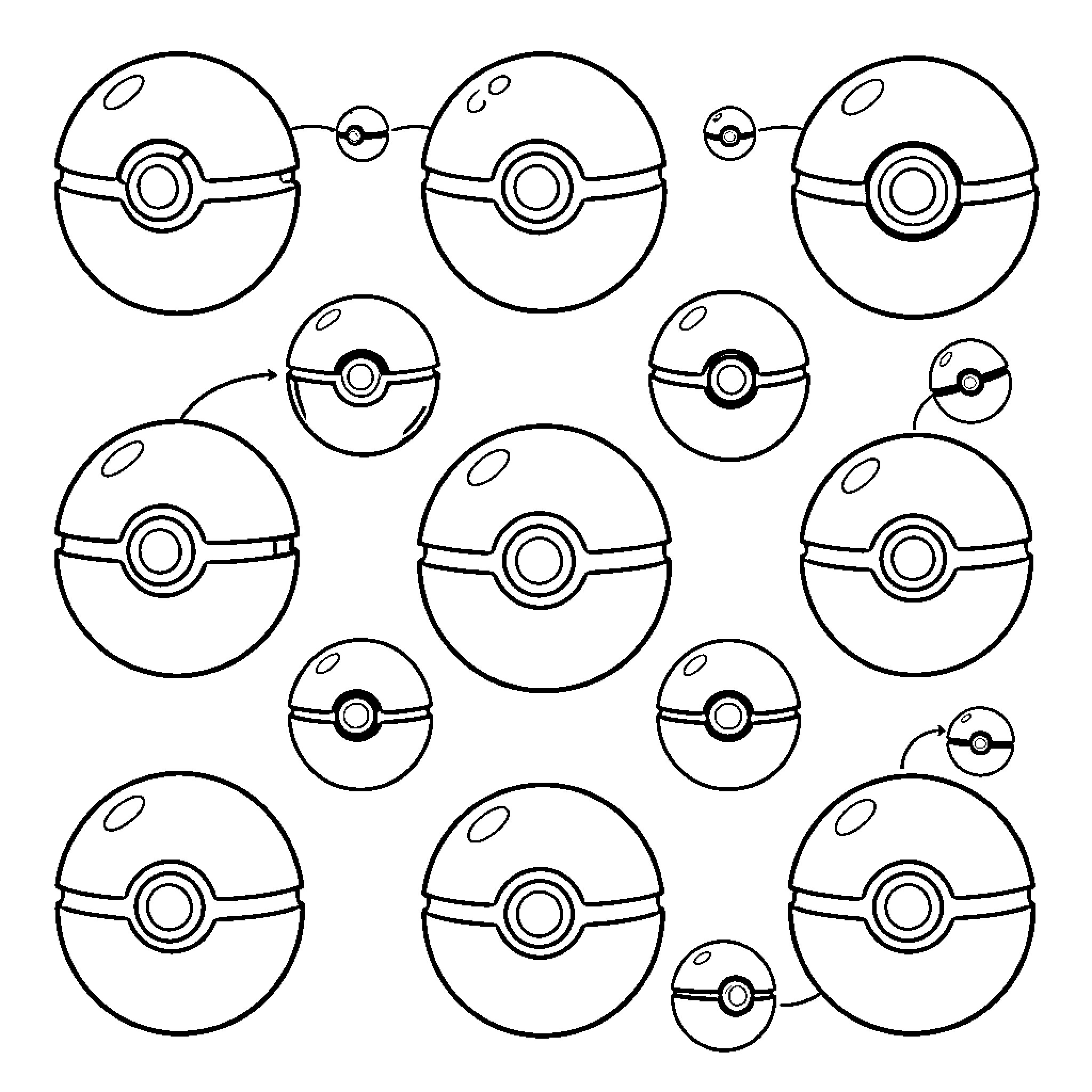 Pokeball designs and variations Coloring Page (free black-and-white line drawing printable PDF for all, from beginners to advanced learners, including children, teens, adults, and seniors)