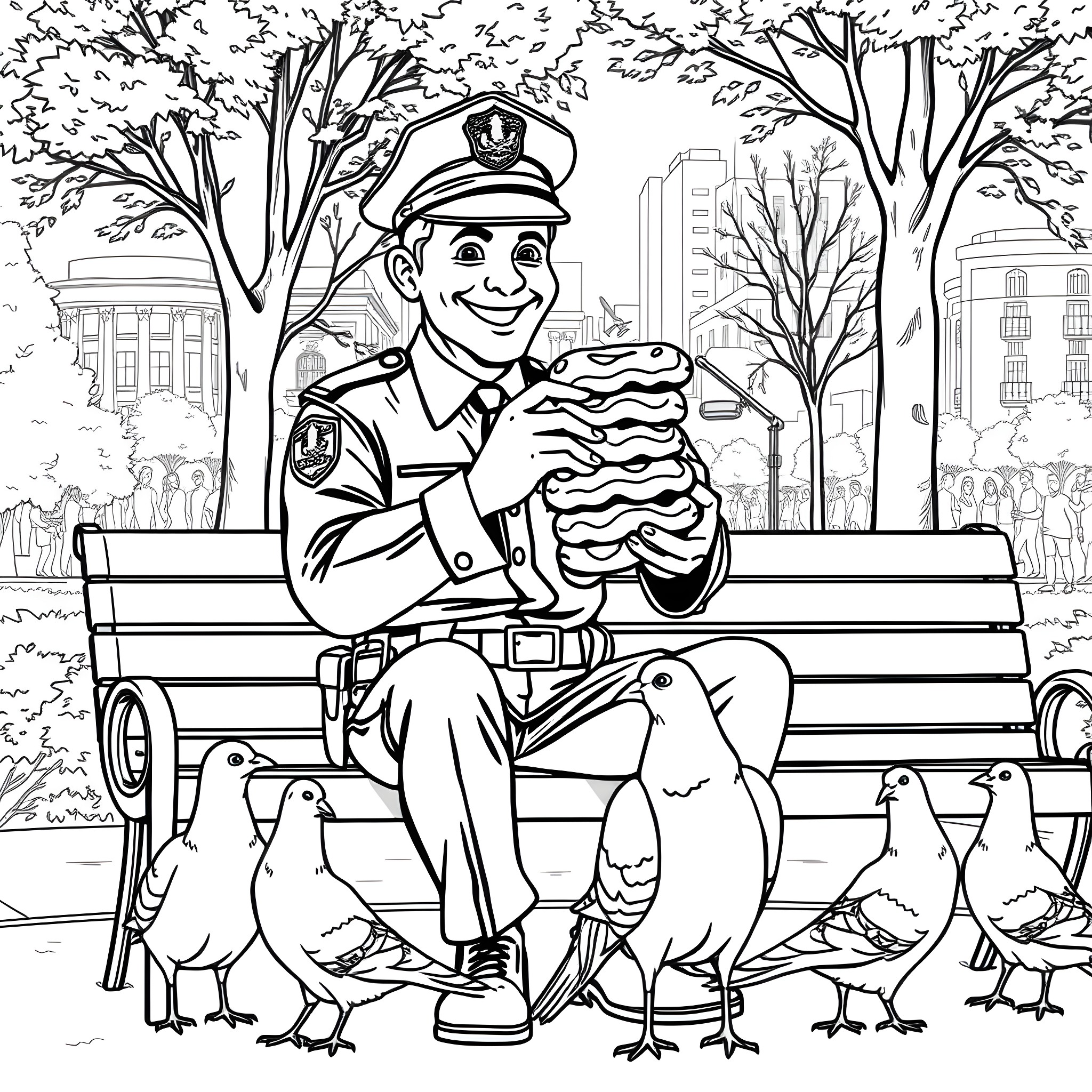Cop feeding pigeons in the city park Coloring Page (free black-and-white line drawing printable PDF for all, from beginners to advanced learners, including children, teens, adults, and seniors)