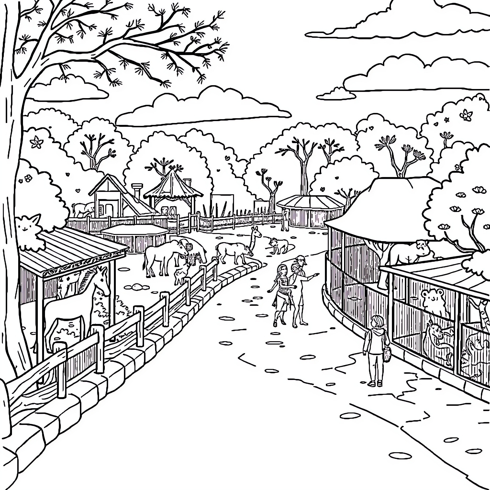 Zoo visitors exploring the outdoor habitats Coloring Page (free black-and-white line drawing printable PDF for all, from beginners to advanced learners, including children, teens, adults, and seniors)